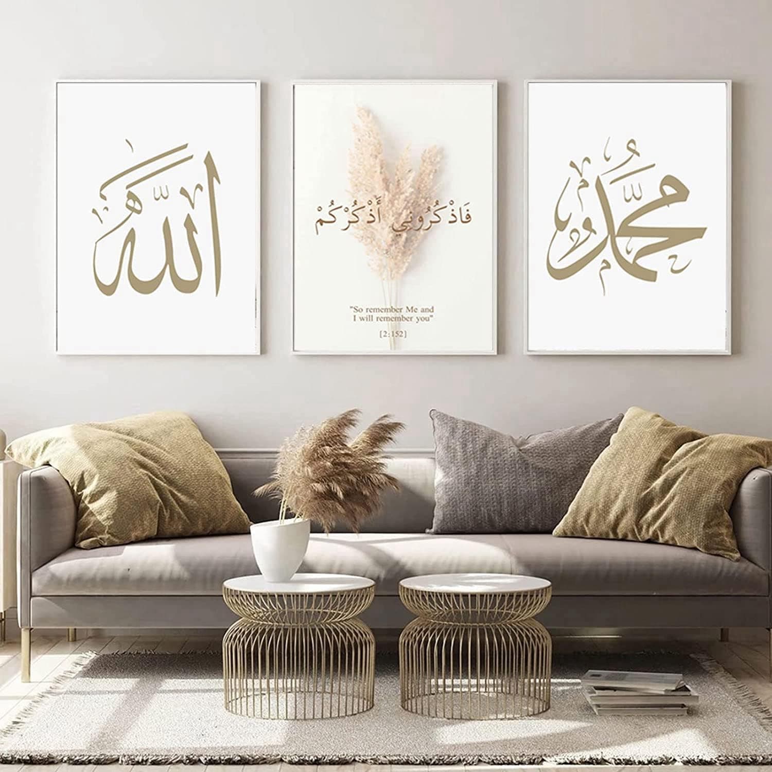 JNAOZI Tableau mural islamique - Impression sur toile islamique - Calligraphie arabe Bismillah - Mur de fleurs pour salon - Sans cadre (20 x 30 cm x 3)