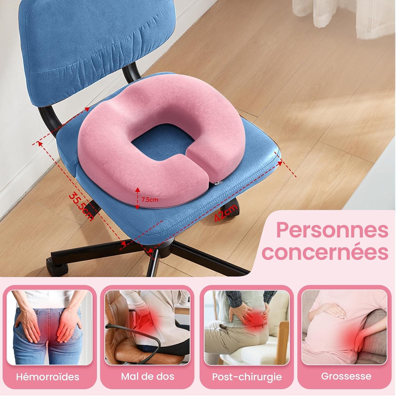 Benazcap Coussin Donut pour Chaise de Bureau, Siège de Voiture, Fauteuil Roulant, Coussin de Siège en Mousse à Mémoire de Forme par des Innovations Ergonomiques pour Sciatique, Grossesse, Post-Partum