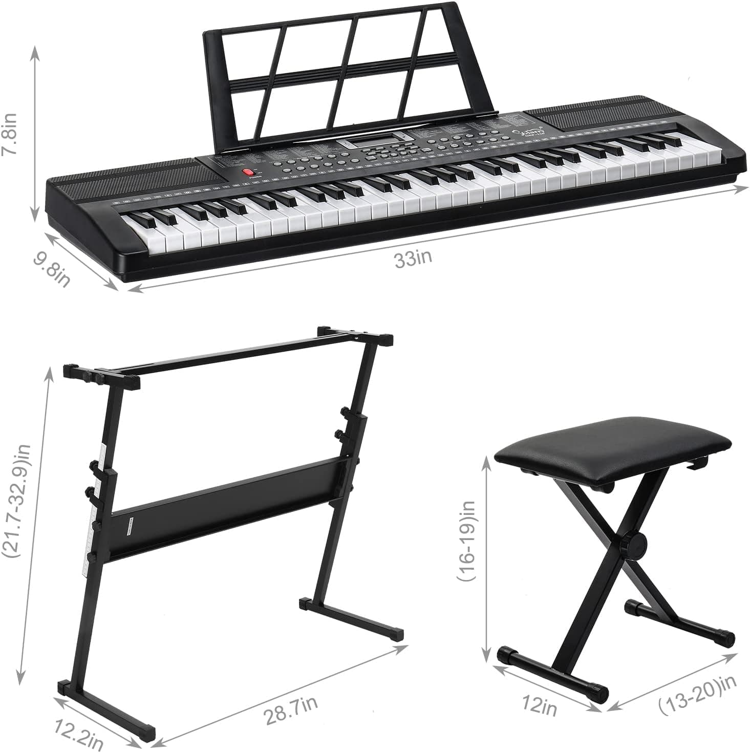 LALAHO Clavier Piano 61 Touches avec Support de Clavier, Banc de Piano, Piano Numérique avec Casque, Pupitre, Microphone, Écran LED, pour Débutants (Noir)