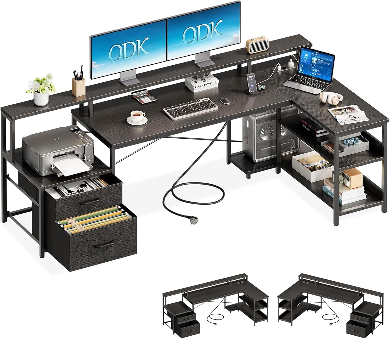 ODK Bureau d’Angle en L avec Rangement et Tiroirs, 189.3 x 100 cm, Noir