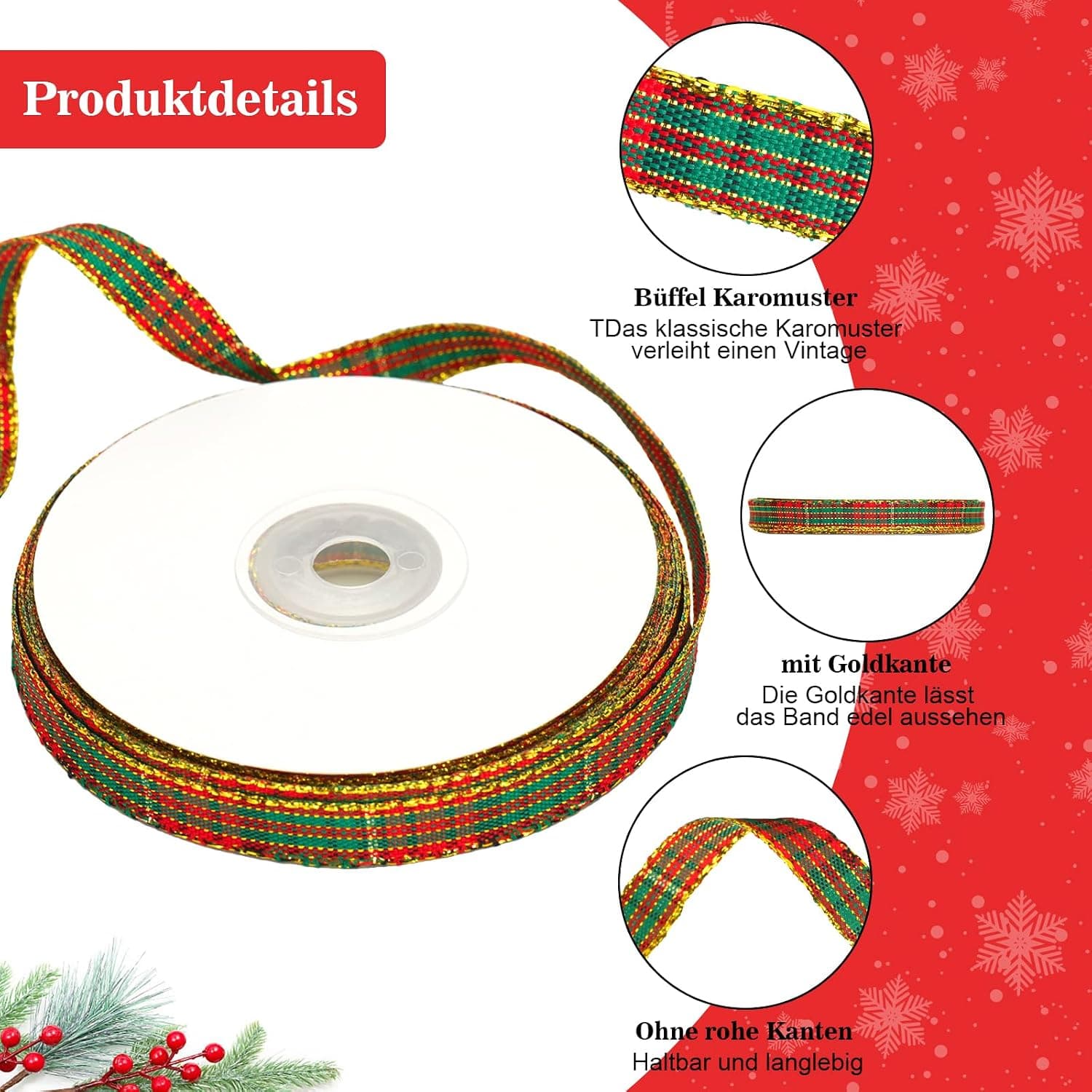 jijAcraft Ruban de Noël 10 mm de large, ruban décoratif de Noël rouge et vert, ruban à carreaux avec bord doré, ruban cadeau de 22 m pour bricolage, emballage cadeau et décoration de Noël