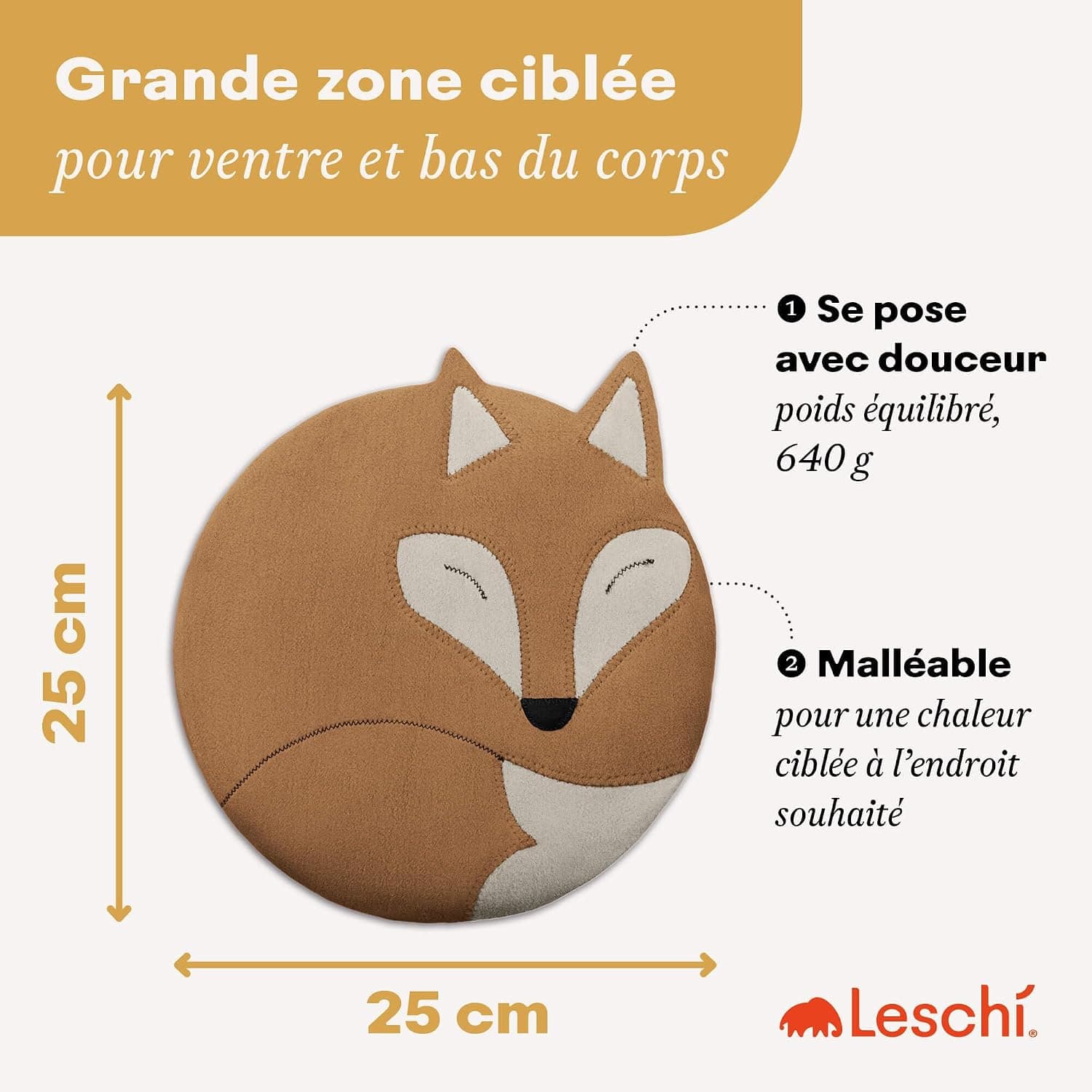 LESCHI Coussin chauffant micro-ondes en coton 100% bio, 4 compartiments, Renard brun doré, Bouillotte graines de blé 100% bio, Bouillotte micro-ondes idéale pour soulager les douleurs menstruelles