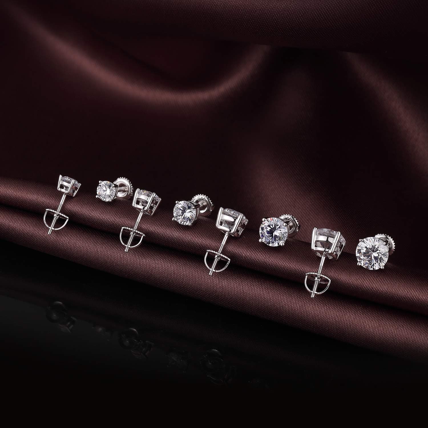 Boucles D'Oreilles 18K Plaqué Or Blanc Boucles d'Oreilles Zircone Cubique Argent Sterling 925,Taille 4mm-8mm avec Boîte Délicate