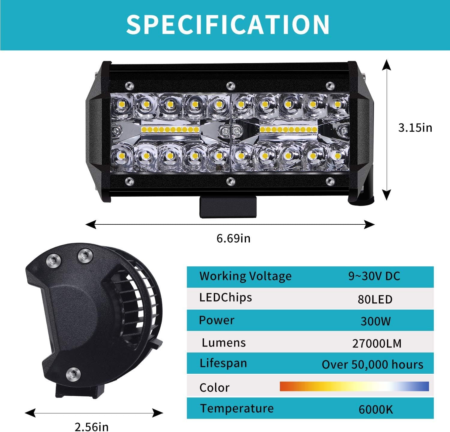 Phare de Travail 12V 300W 7'' Projecteur LED Voiture 12v Etanche IP67 Spot Flood Feux Antibrouillard 27,000lm Camion Tracteur SUV Bateau(2 PCS)
