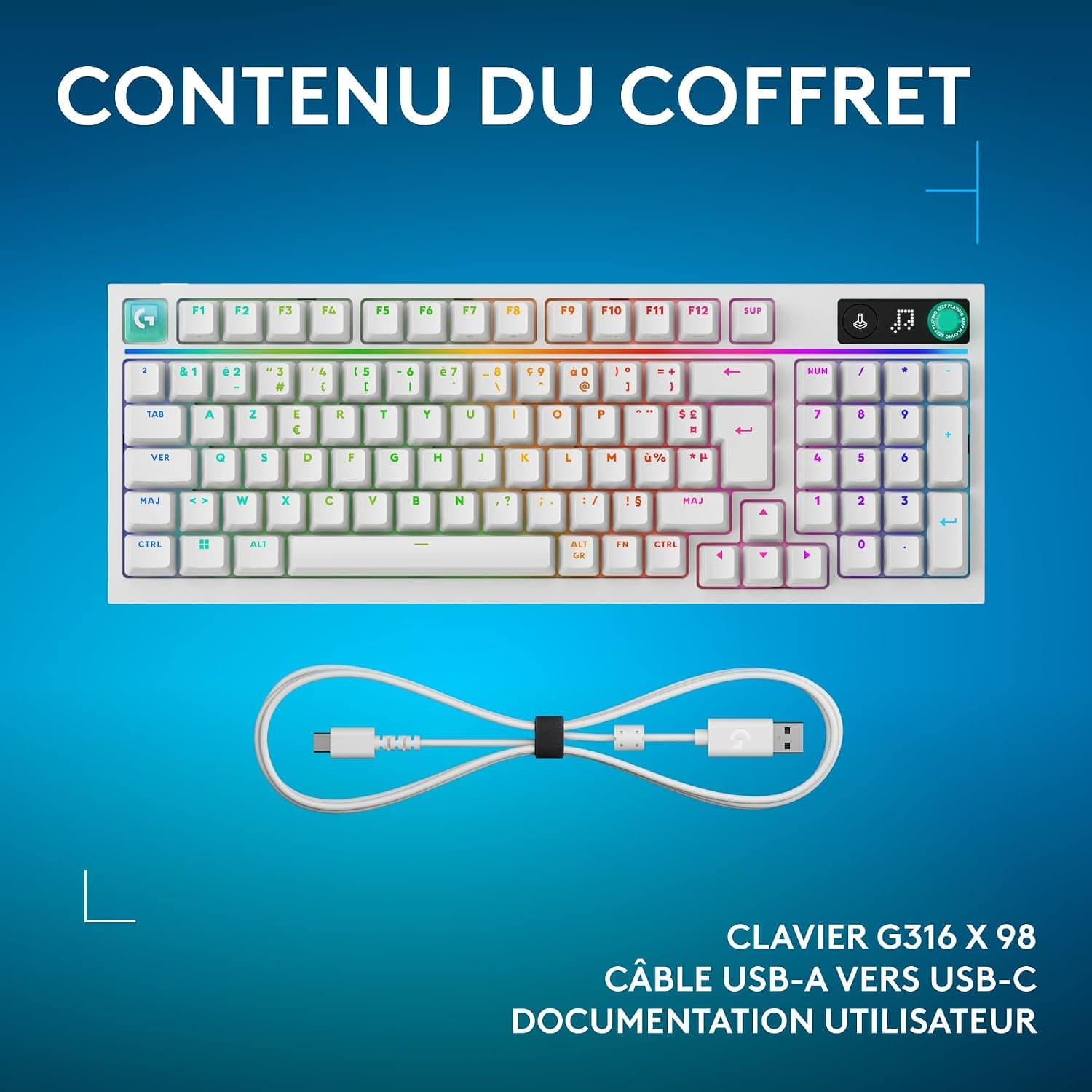 Logitech G G316 X 98, Clavier Gaming | 8 kHz, switchs tactiles hot-swap, structure joint, LED & molette, touches PBT, USB-C, RVB LIGHTSYNC, PC, FRA AZERTY - Blanc