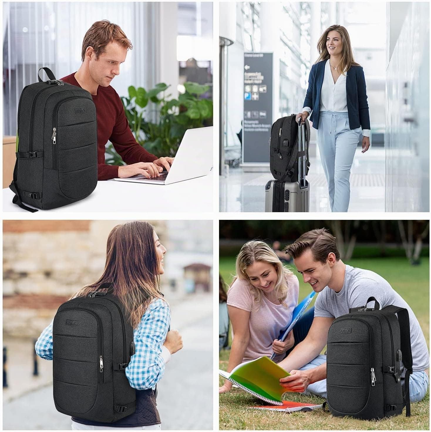 AMBOR 17.3'' Sac à Dos Portable,Sac a Dos Ordinateur avec USB Charging Port | Déperlant Sac a Dos Voyage Cabine, Sac a Dos Antivol Avion pour Homme avec Compartiment, Backpack pour les études les Vol