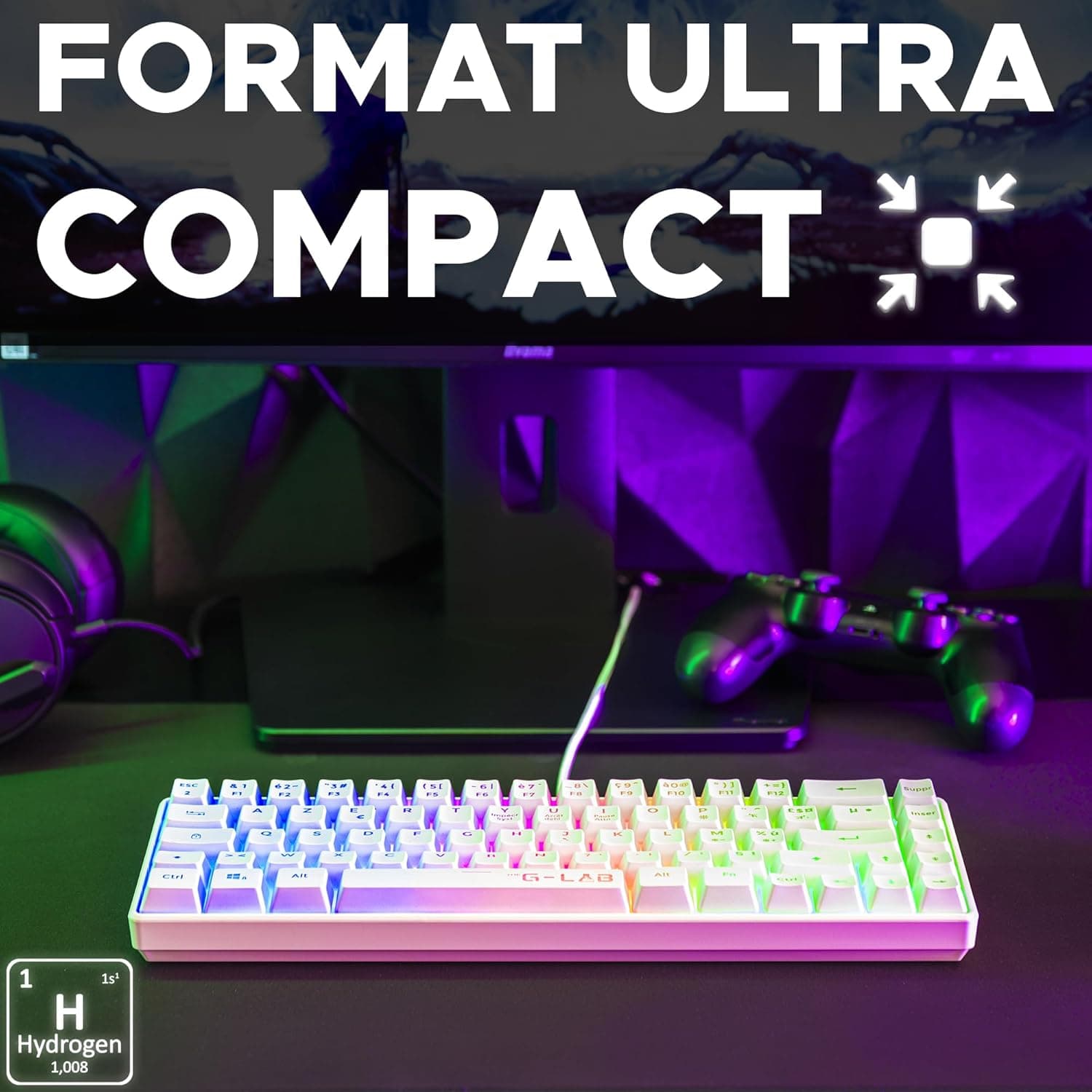 The G-Lab Keyz Hydrogen, Clavier Gamer 60%, Semi-mécanique Filaire Azerty, Rétroéclairage Multicolore- Mini Clavier Gamer Silencieux, Format Compact TKL - PC/PS5 (Blanc) | Filaire USB, Format 60% Compact, Semi-mécanique, Rétroéclairage Multicolore, Silencieux, Blanc, Compatible PC/PS5