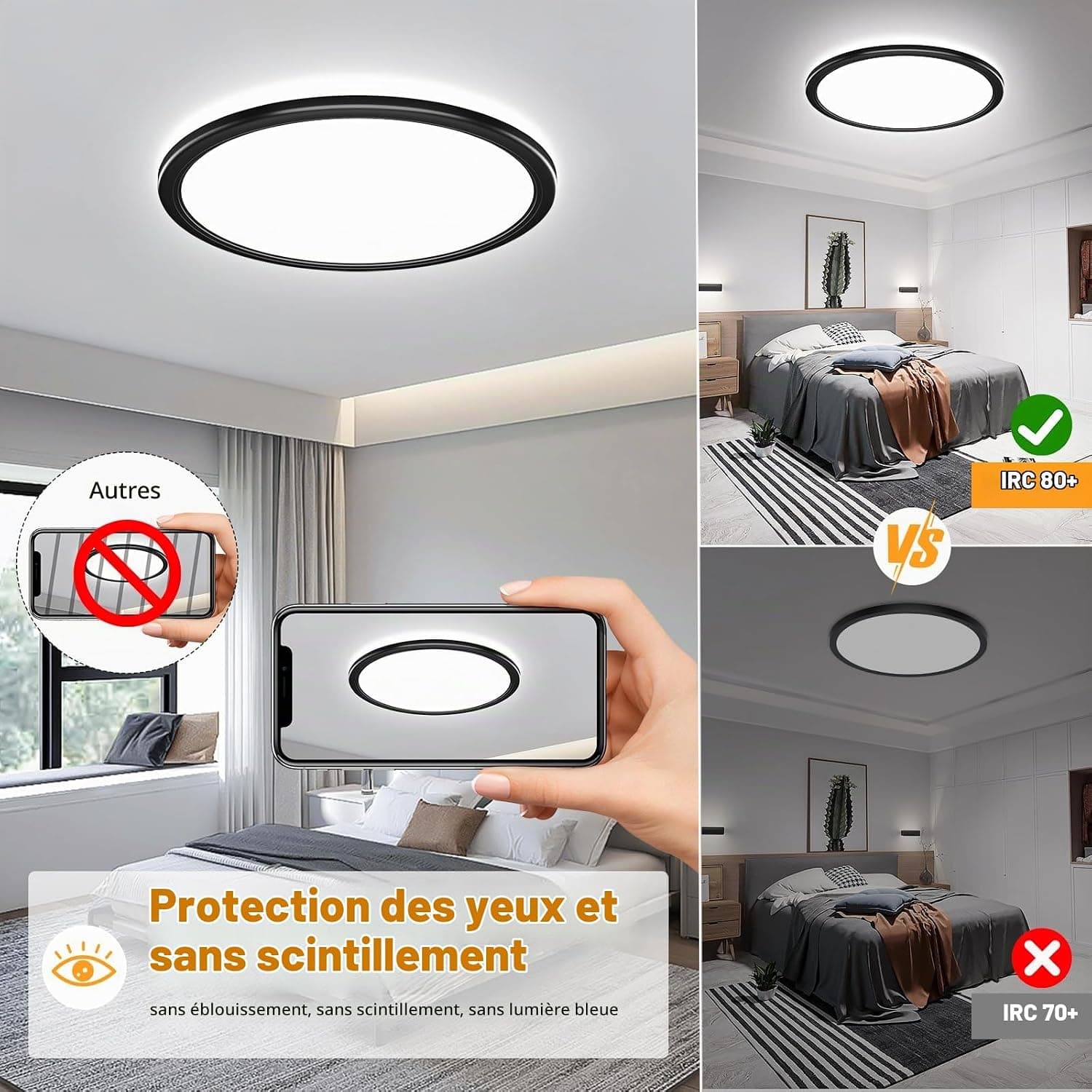 OUILA Plafonnier Led Telecommande, Dimmable Plafonnier Télécommande 24W Réglable Ø30cm 3000K-6500K Plafond Led Moderne Rond 2400LM Applicable Salle de Bain, Chambre, Cuisine, Salon(Noir)