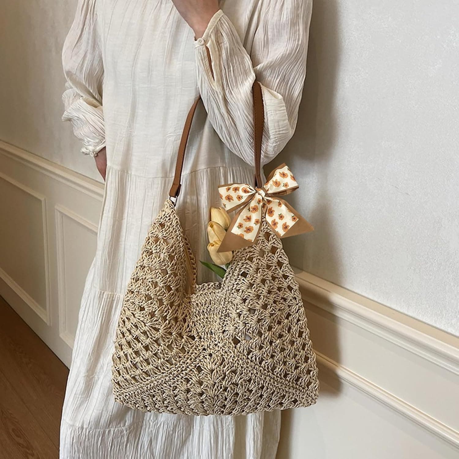 Sac à Bandoulière en paille pour Femmes Filles, Sac a Main Femme Paille Ete, sSac de Plage, sSac en Paille, pour Vacances Voyages, Bohème Esthétique à Main et à Provisions