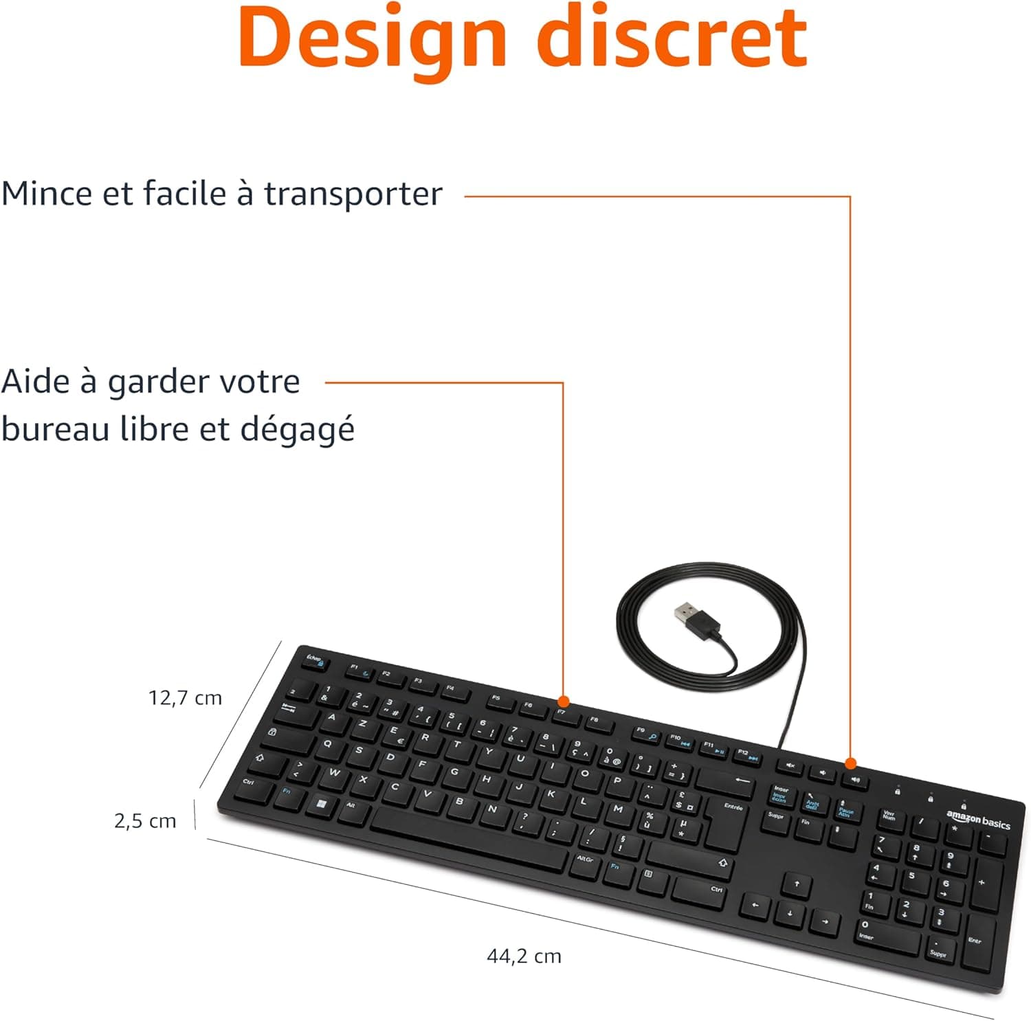 Amazon Basics Clavier USB Filaire Discret avec Disposition française, Noir Mat