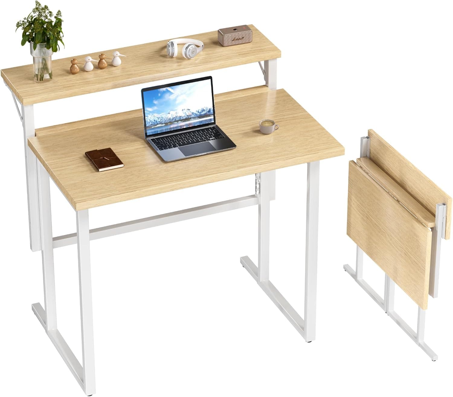 JUMMICO Bureau Pliable 80 x 62cm, avec Étagère Moniteur, Beige