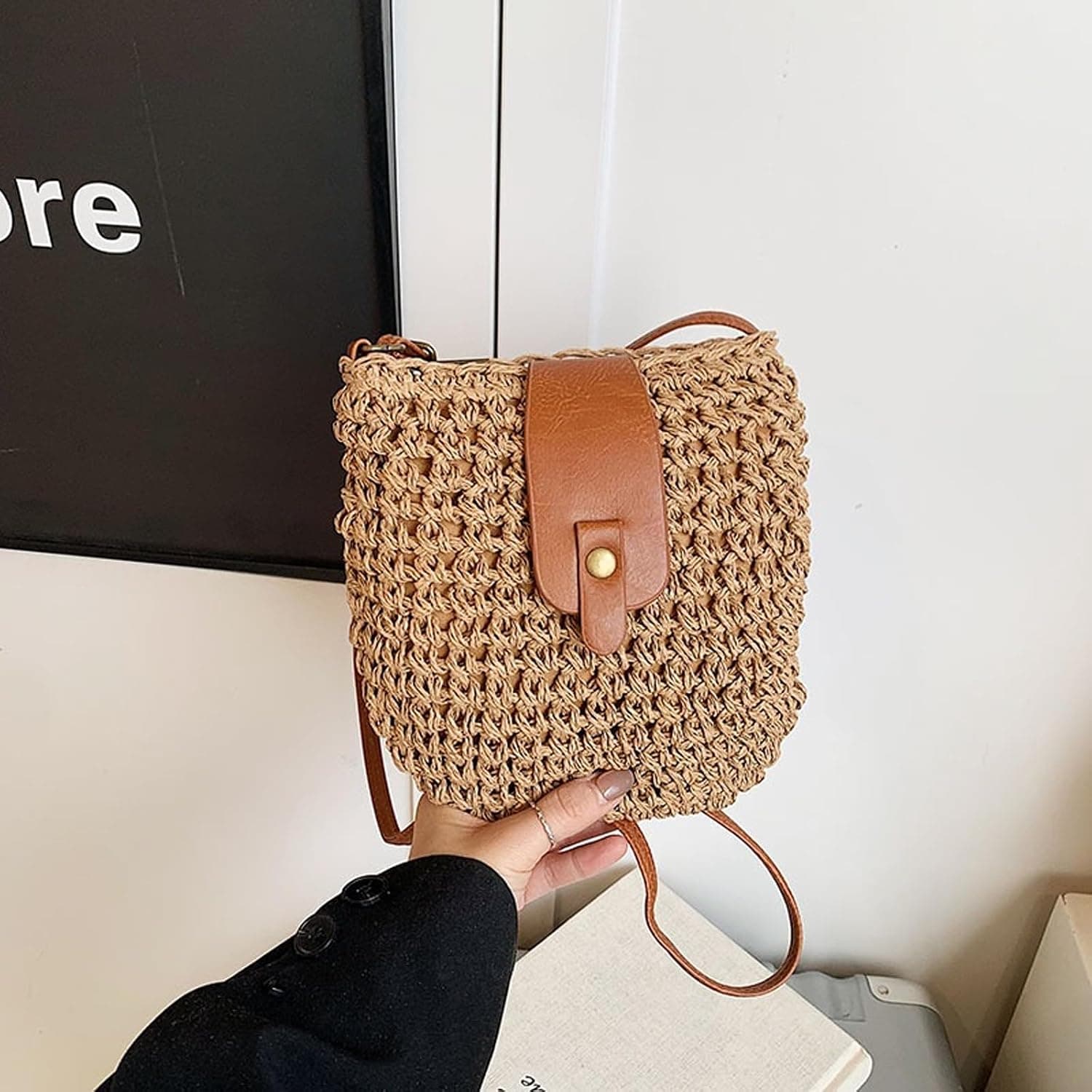 Sac en Paille Femme, Sac à BandoulièRe en Paille pour Femme, Style Boho Fait Main Avec Bandoulière et Fermeture Éclair, pour Plage, Voyage et Prendre des Photos