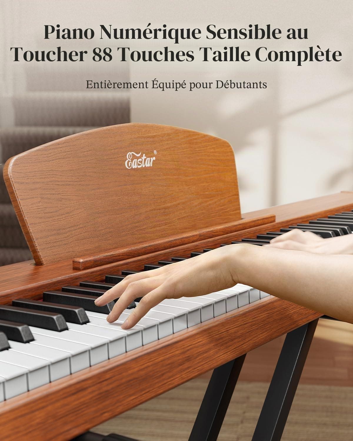 Eastar EP-80 Clavier Piano 88 Touches, Clavier Électrique Pleine Taille avec Touches Sensibles à la Vélocité, Ensemble Piano Numérique Portable pour Débutants avec Support, Pédale et Casque, Marron