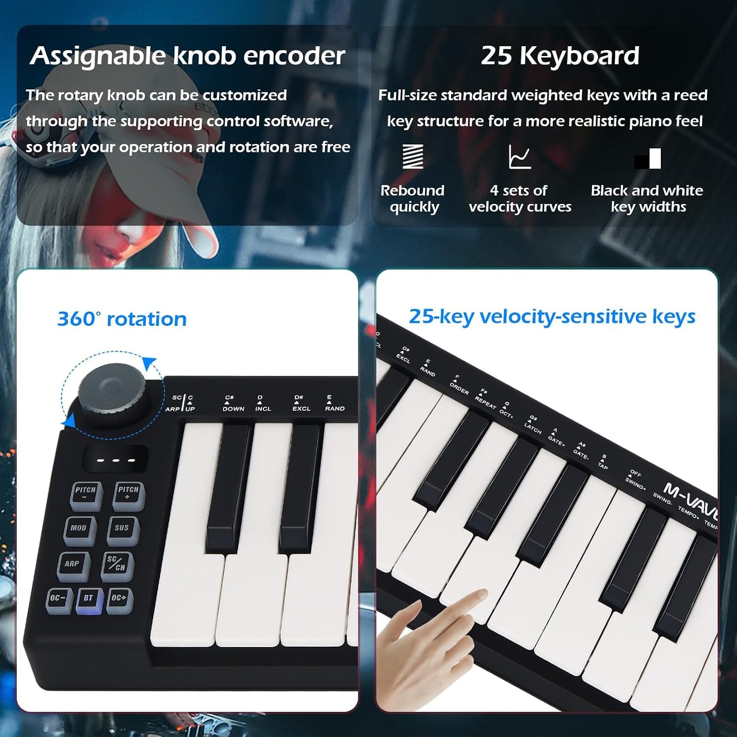 M-VAVE Mini clavier 25 touches - Beat maker professionnel et Keytar pour la production musicale au clavier Batterie intégrée Wireless Connect, Mini no PADS, Noir