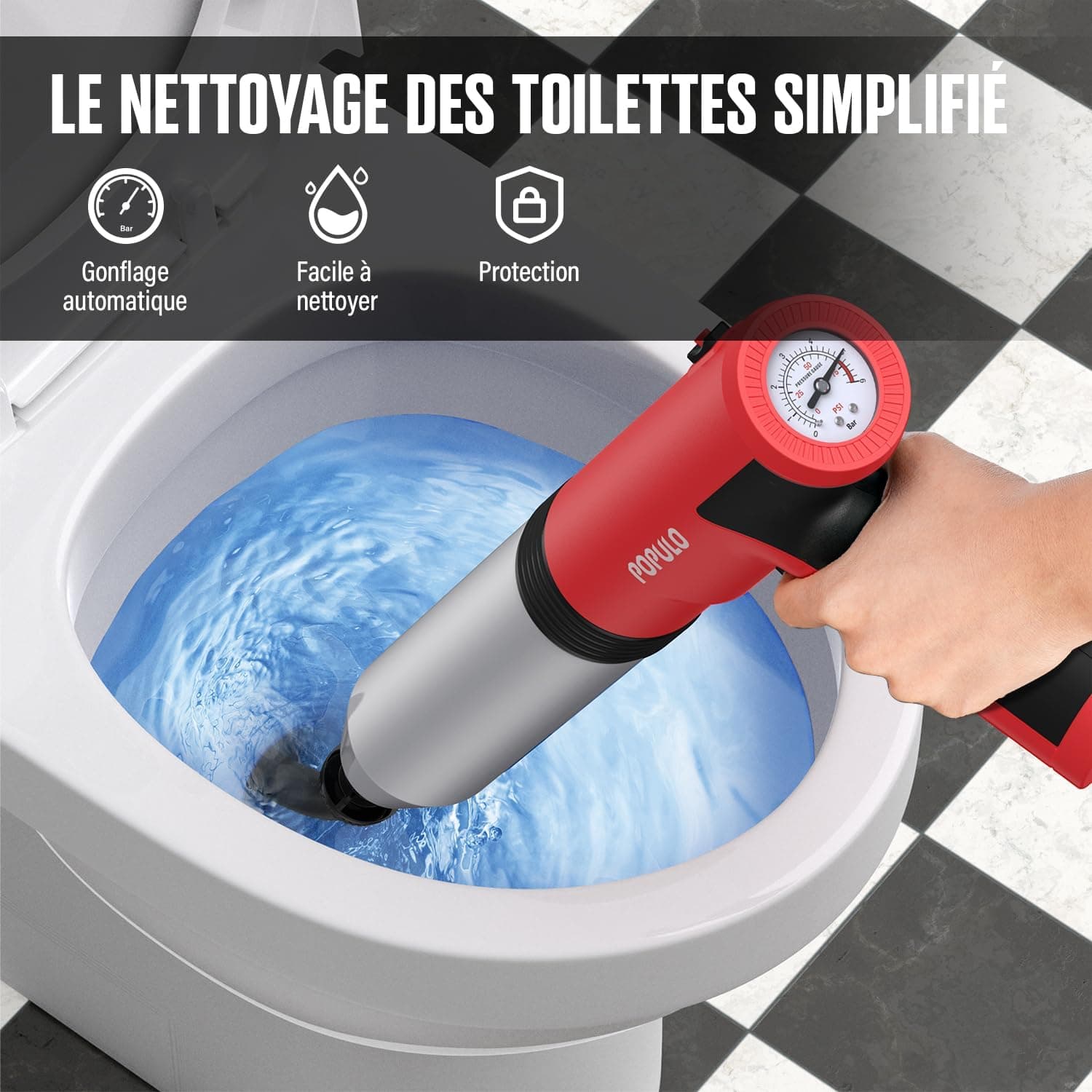POPULO électrique Déboucheur à Ventouse, Déboucheur de toilettes électrique Swift haute pression, Air Comprimé Déboucheur de canalisations pour Toilette, WC, bain, lavabo, douche