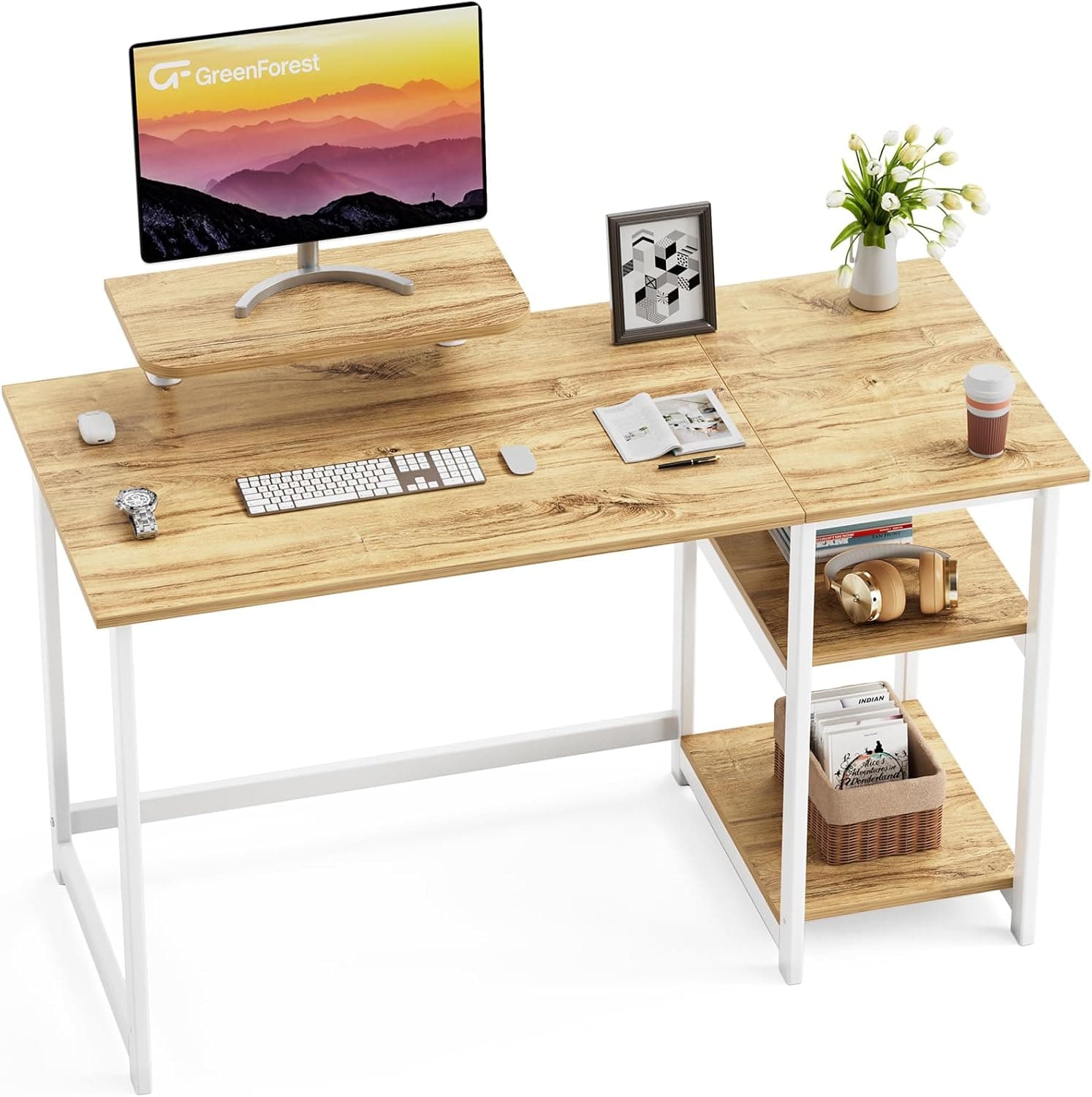 GreenForest Bureau avec Support de Moniteur,100cm avec Étagères Réversibles