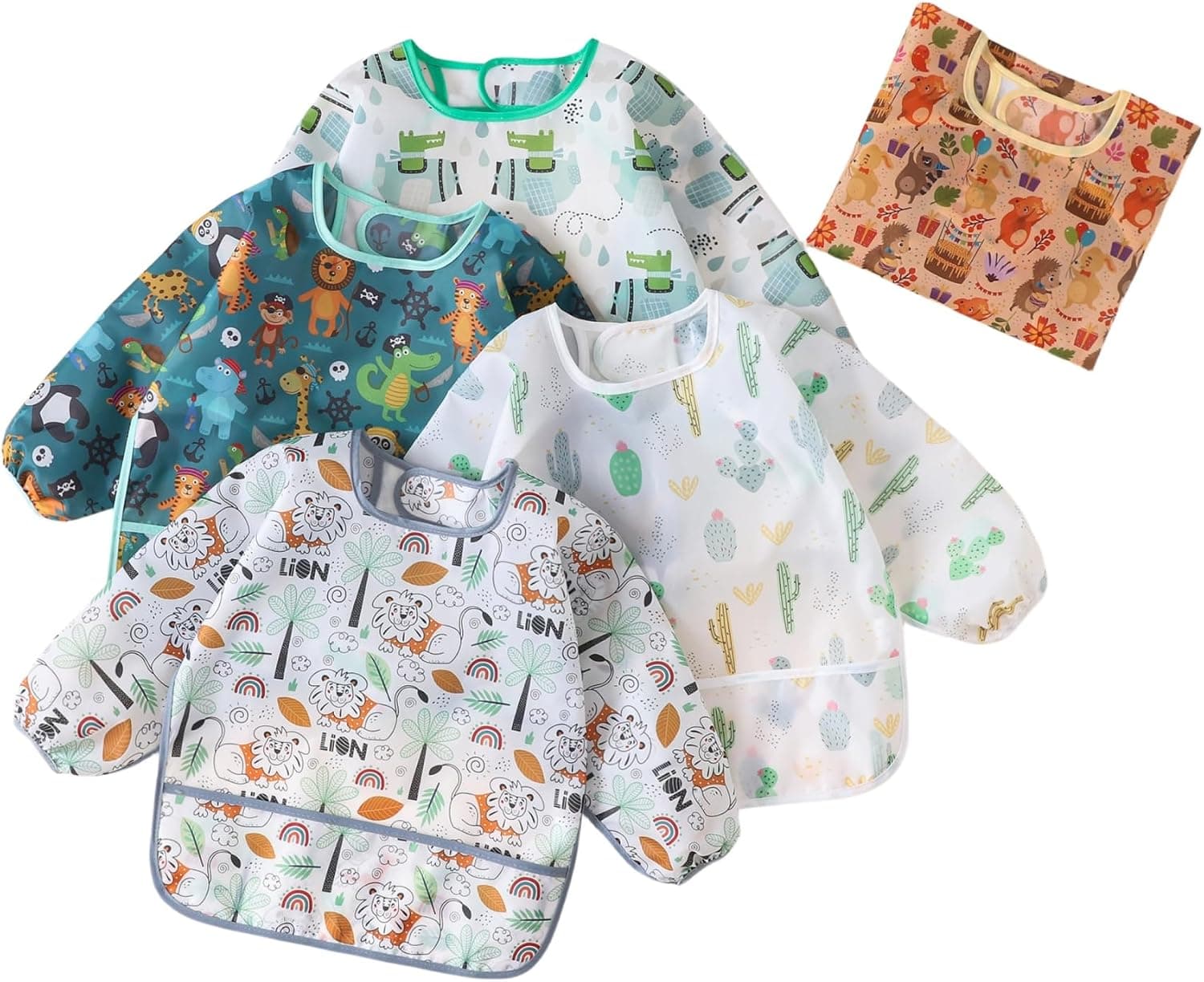 Lot de 5 Etanche Bavoir à Manches Longue pour Bébé alimentation Imperméable Blouse Tablier 3 a 24 Mois