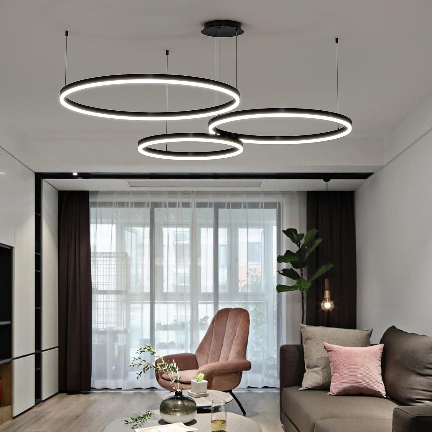 Mikeru 3 Anneaux Lampe Pendante Ronde, Suspension 20+40+60cm Lampe Pendante Télécommandée De 10% à 100% 3000k/4500k/6500k Plafonniers Modernes à Intensité Variable Pour Salon, Librairie