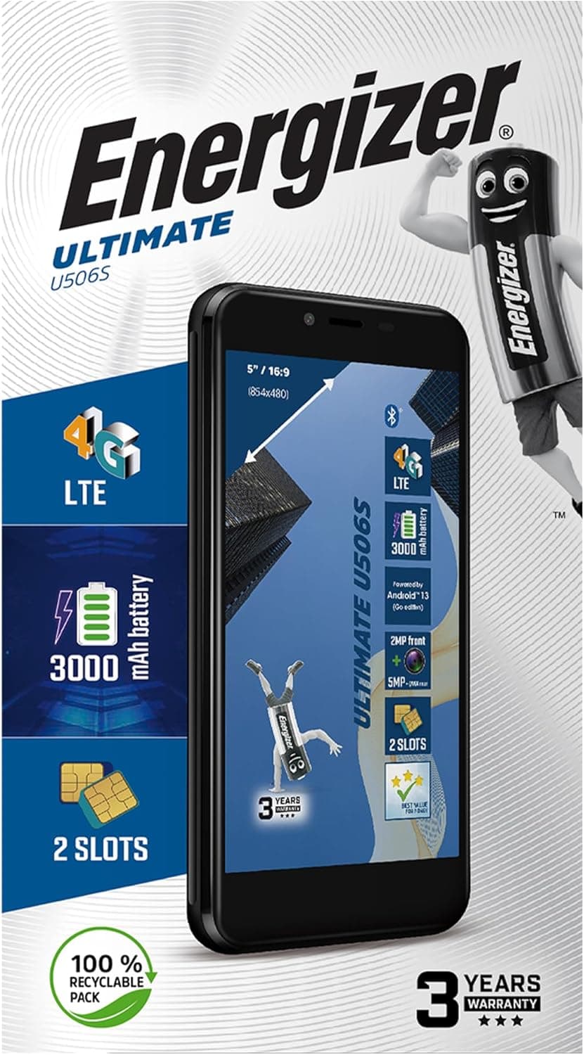 Energizer - Smartphone U506S - Pas Cher Débloqué 2GB RAM / 32GB ROM - Ecran 5" - 3000 mah Batterie - Caméra 5MP+QVGA arrière / 2MP Avant - Android 13 GO - Noir - Double SIM