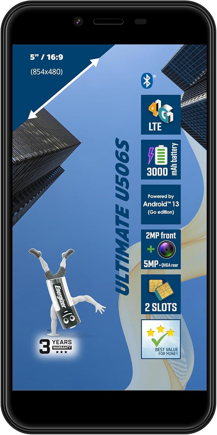 Energizer - Smartphone U506S - Pas Cher Débloqué 2GB RAM / 32GB ROM - Ecran 5" - 3000 mah Batterie - Caméra 5MP+QVGA arrière / 2MP Avant - Android 13 GO - Noir - Double SIM