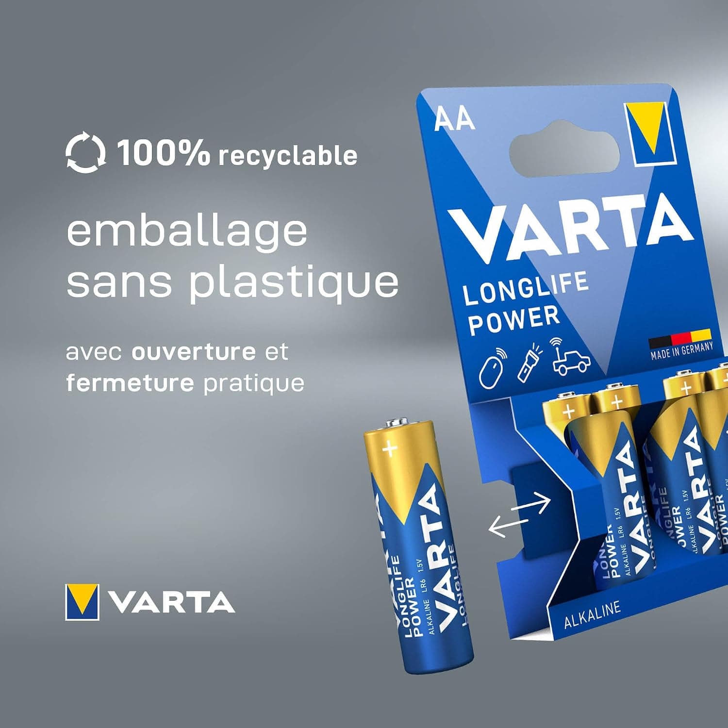 VARTA Piles AA, 10+10 (lot de 20), Longlife Power, Alcalines, 1,5V, emballage recyclé à 90%, adaptées aux jouets, souris sans fil, lampes de poche, Made in Germany | pile AA LR6, Made in Germany, conservation jusqu'à 10 ans, pour console de jeux, brosse à dents, souris ou manette