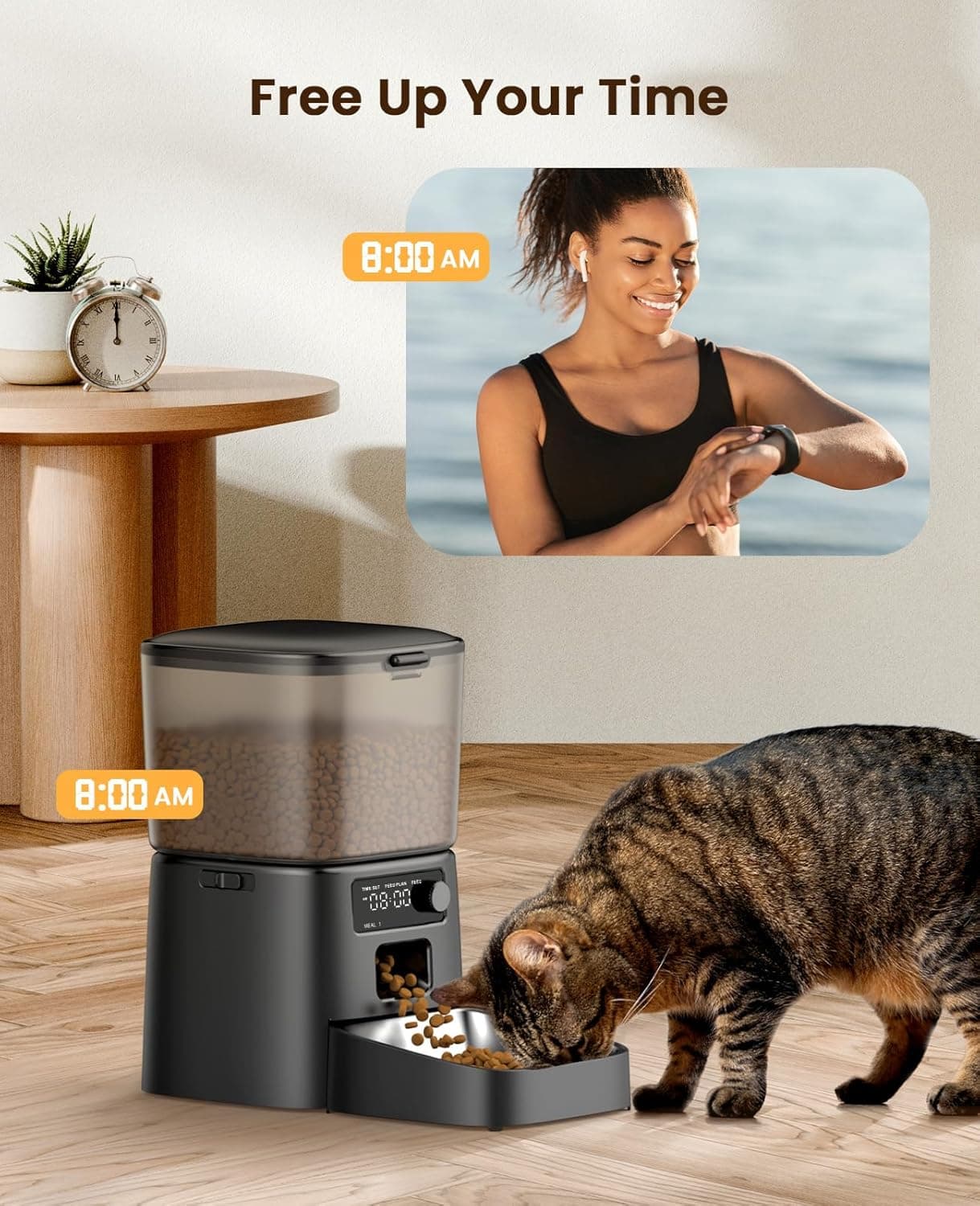 oneisall Distributeur Croquettes Chat Automatique, Gamelle Automatique 3.5L | Distributeur de Nourriture pour Chat/Chien, 1-6 Repas/Jour, Double Alimentation, Mangeoire Automatique à Un Bouton, Bol Inox