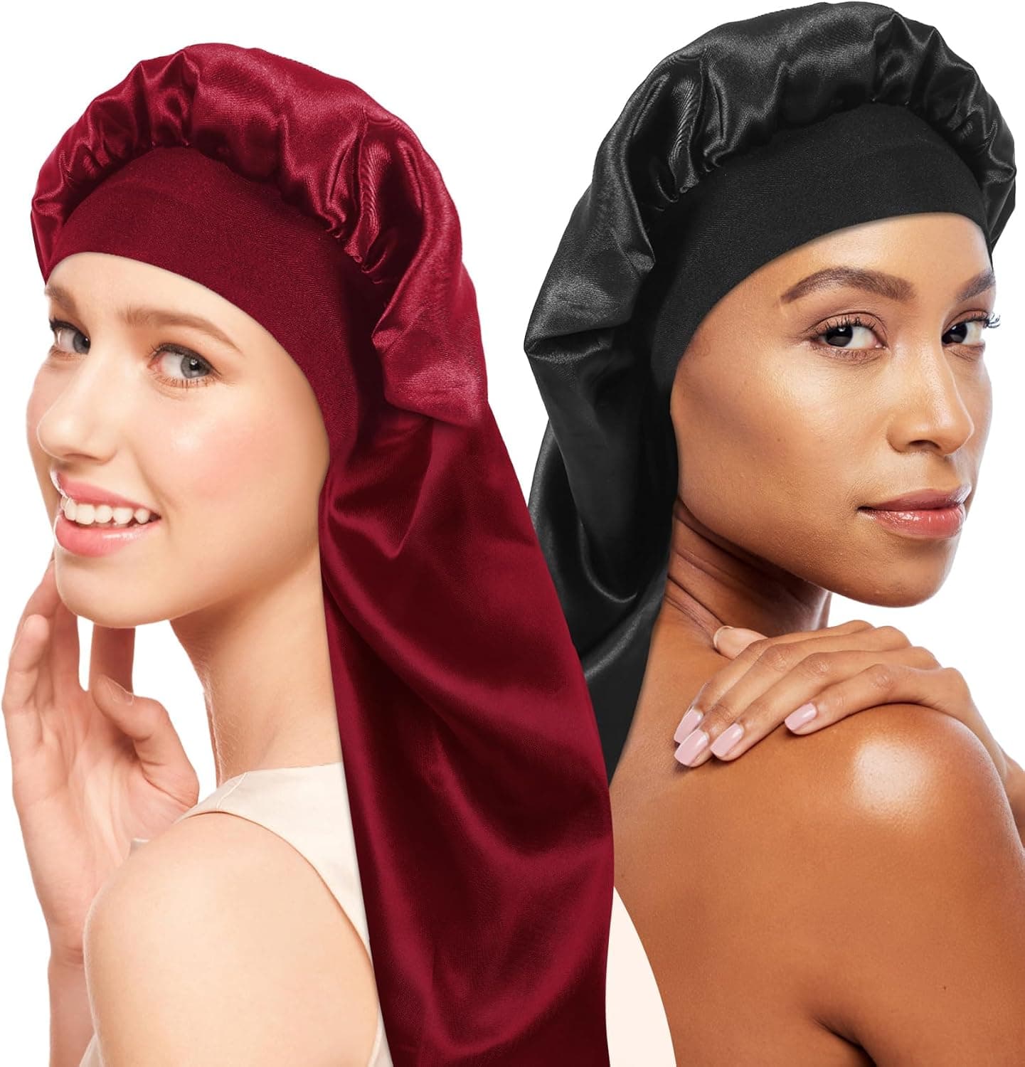 2 Pièces Bonnet long en satin pour fille, Bonnet de Sommeil Chapeau Nuit en Satin à Large Band Élastique Bonnets de Nuit Doux pour Femmes Cheveux Longs Cheveux Bouclés
