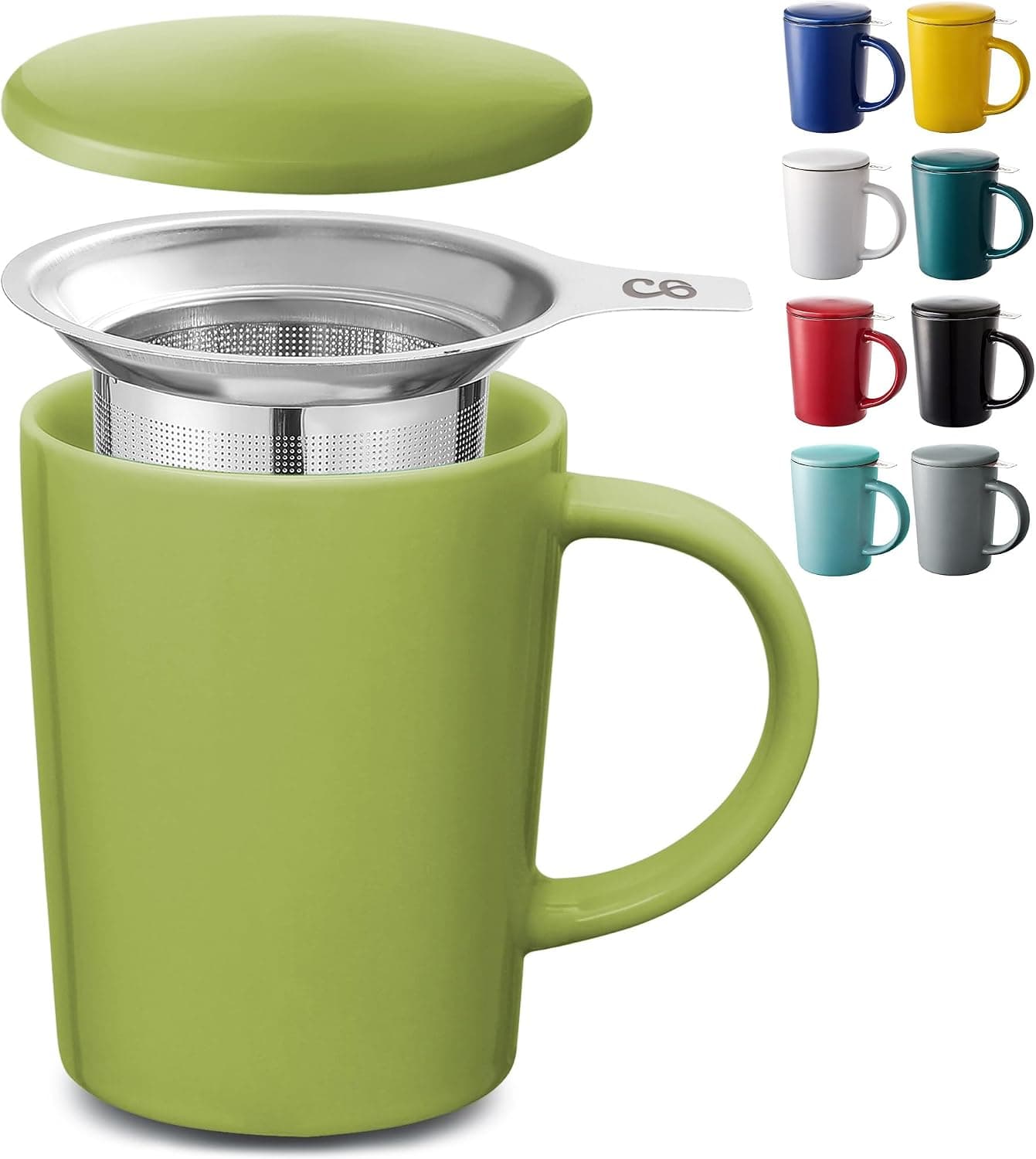 Cosumy Tasse à Thé avec Infuseur 400 ml – Couvercle – Céramique Vert Matcha