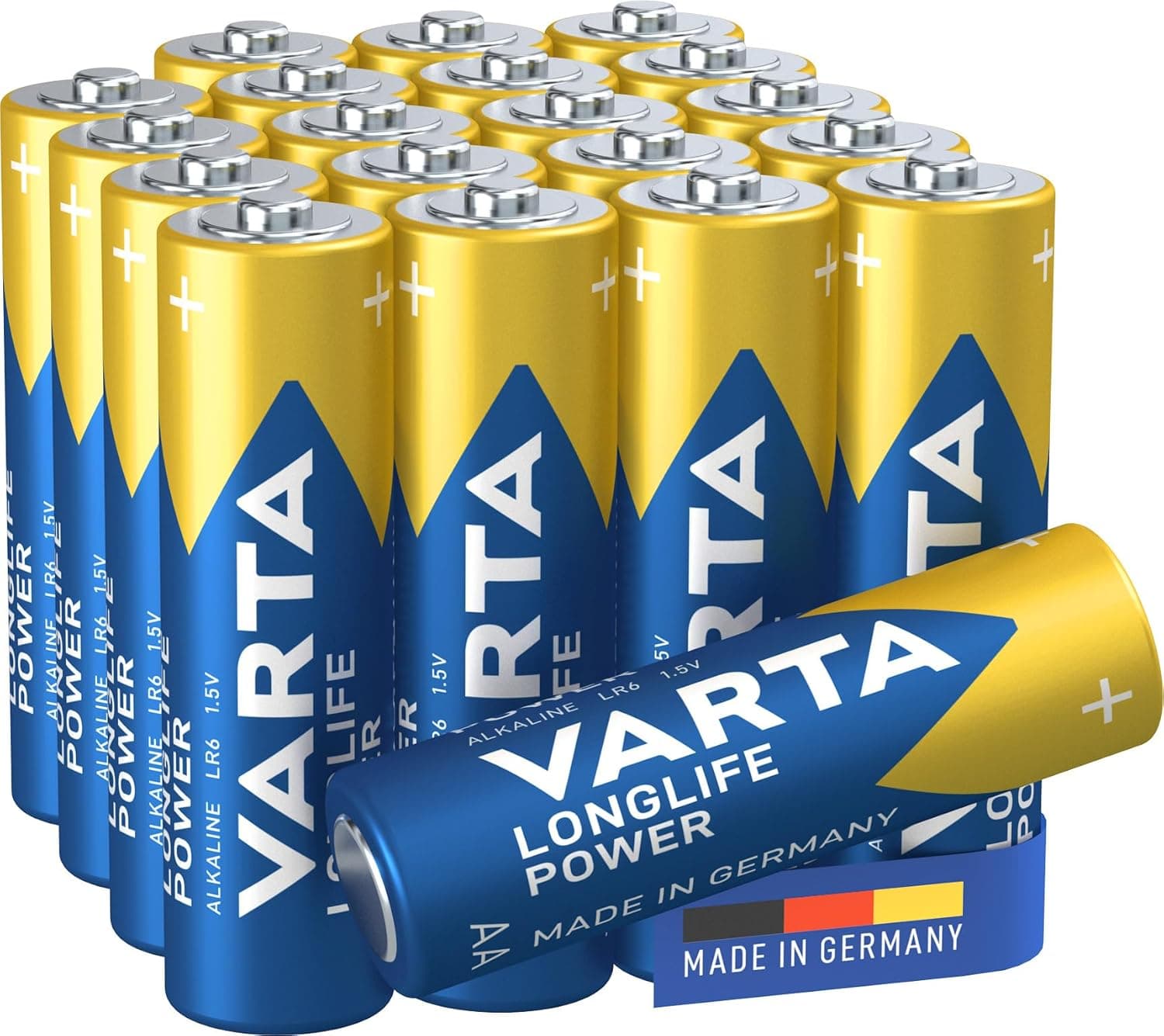 VARTA Piles AA, 10+10 (lot de 20), Longlife Power, Alcalines, 1,5V, emballage recyclé à 90%, adaptées aux jouets, souris sans fil, lampes de poche, Made in Germany | pile AA LR6, Made in Germany, conservation jusqu'à 10 ans, pour console de jeux, brosse à dents, souris ou manette