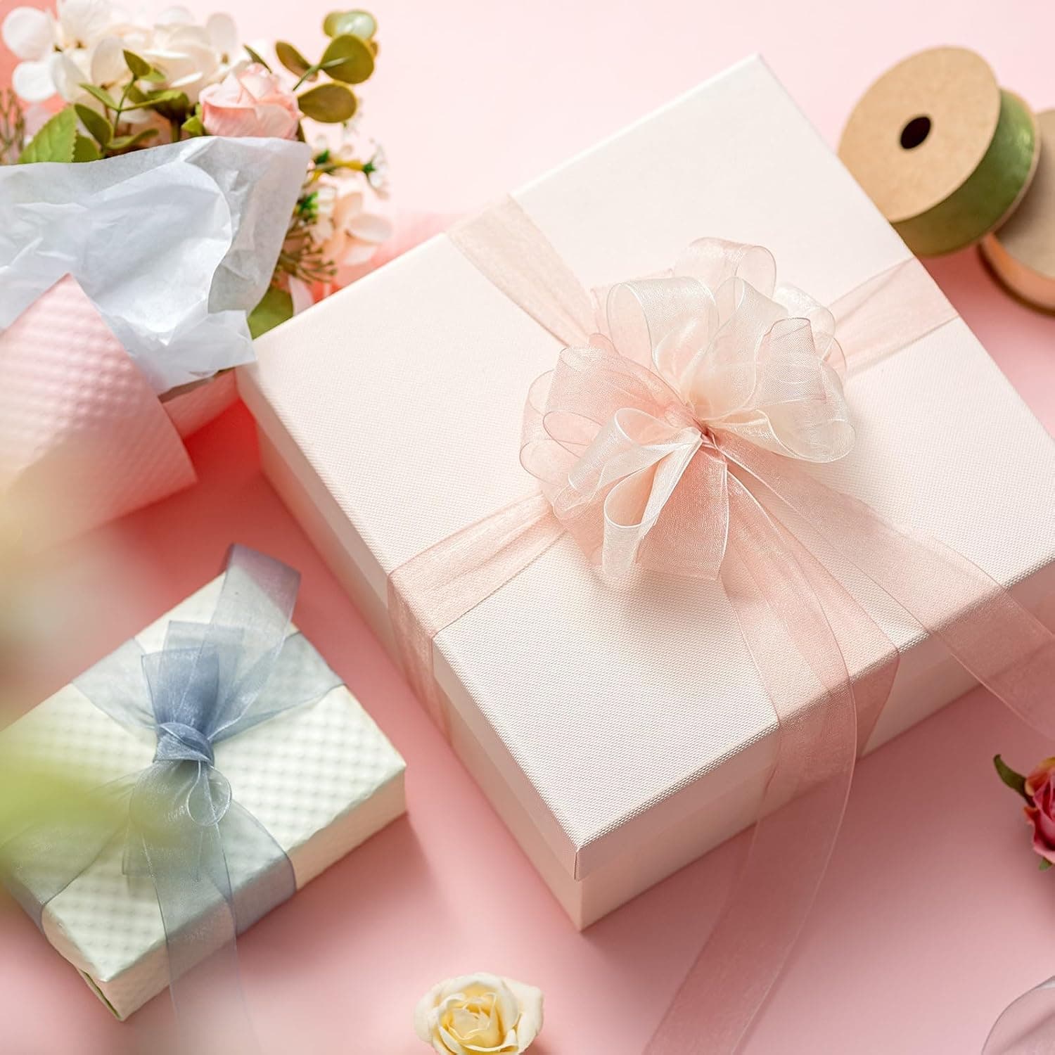 MORSUNBELA Ruban en organza beige - Large ruban cadeau - Soie - Décoratif - 25 mm x 9 m - Crème