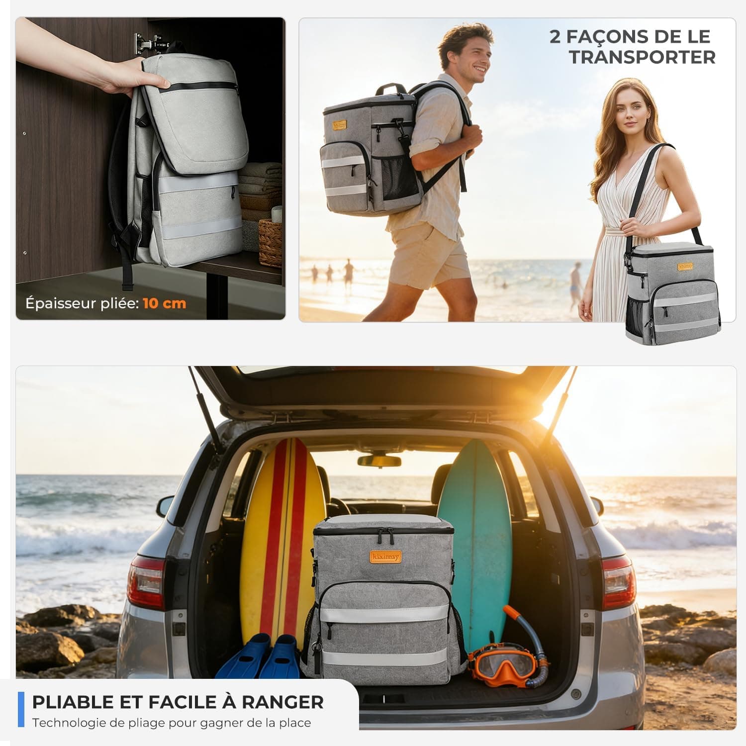 Sac à Dos Isotherme 30L Pliable - Grand Capacité, Maintient au Frais 24H, Léger et Imperméable pour Pique-Nique, Plage, Voyage, Pêche, Barbecue, Gris