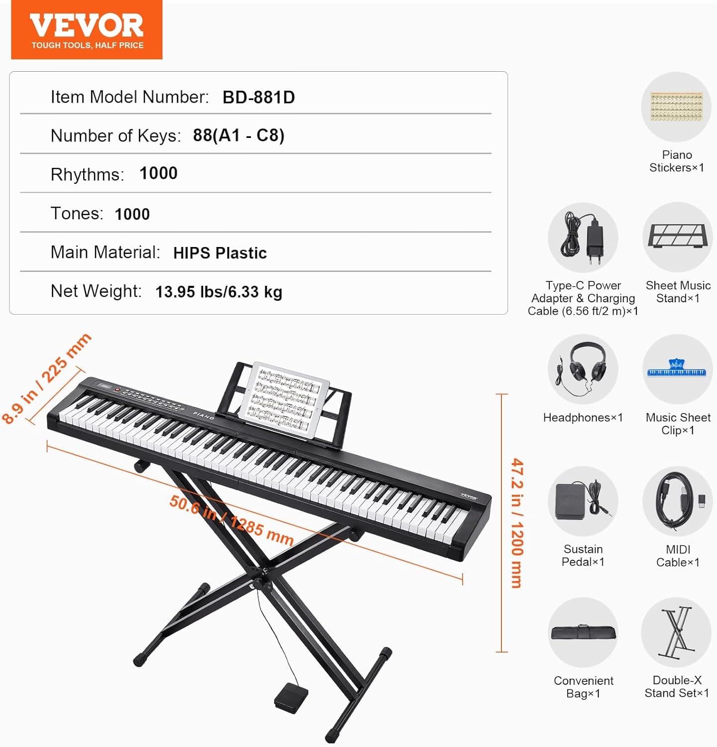 VEVOR Clavier Piano Numérique, 88 Touches Semi-lestées, Ensemble Piano à Clavier Électrique avec Support Réglable, Haut-parleurs Intégrés, Pédale de Sustain, Casque, Bluetooth MIDI USB, pour Débutants