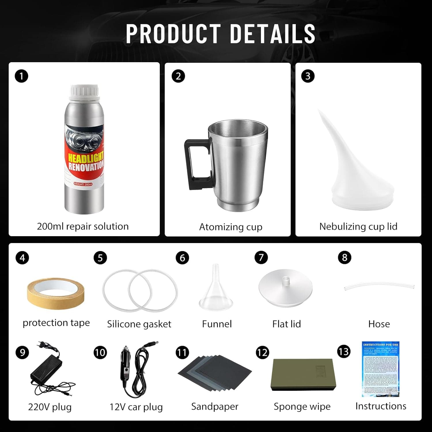 Kit Renovation Phare Voiture 200ml, Kit de rénovation de phares de Voiture avec Tasse d'atomisation, Kit Polissage jaunissement Flou Scratch du Phares des Auto et de Moto