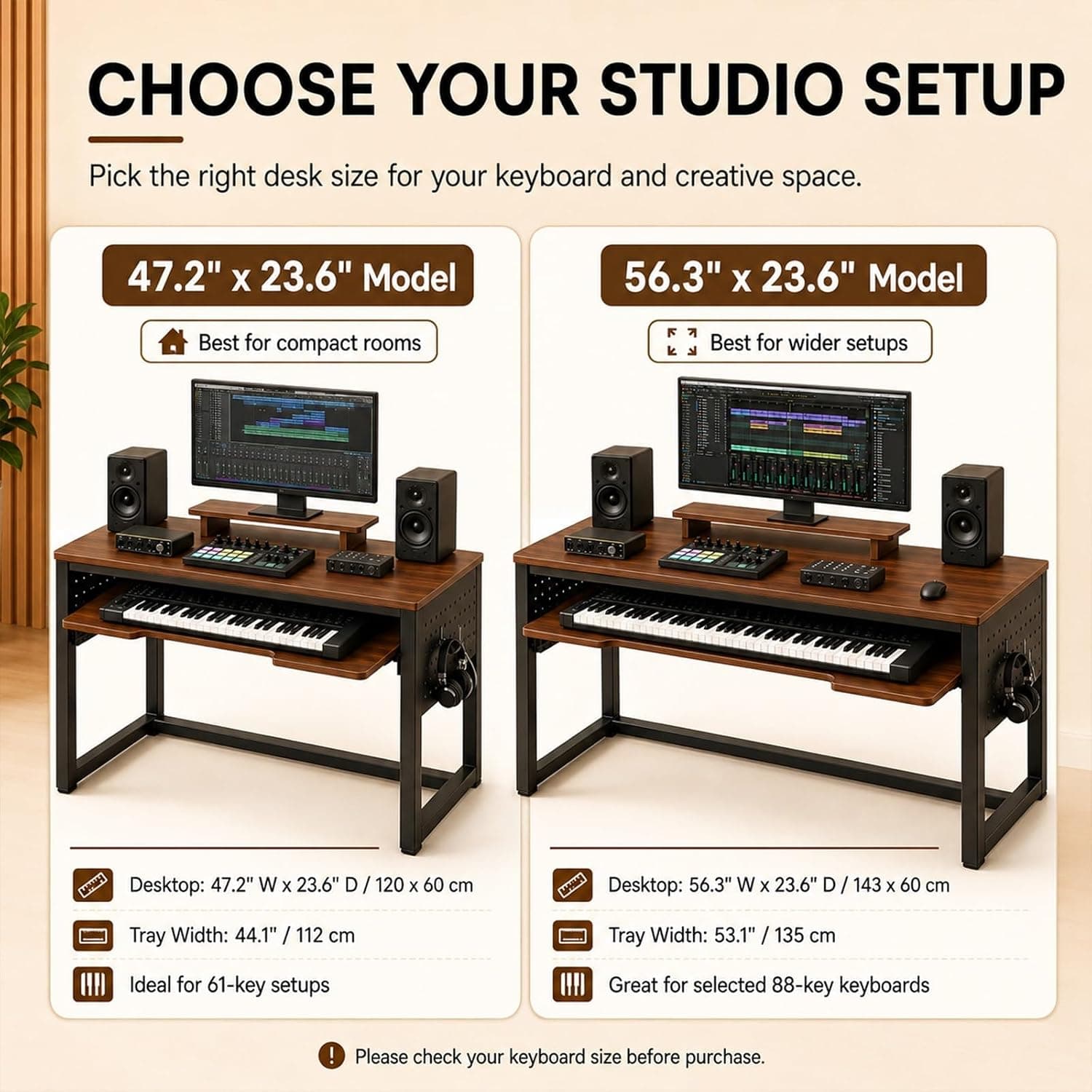 Bureau Studio Musique avec Plateau Coulissant pour Clavier, 61/88 Touches MIDI et Piano numérique, Bureau avec Rangement(61 Touches(120 * 60cm))