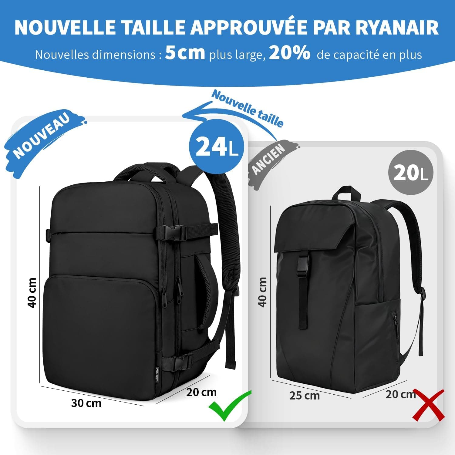ZOMFELT Bagage Cabine 40x30x20, 24L Sac à Dos Voyage Cabine Avion | Étanche Sac Cabine Avion Femme Homme Sac de Voyage pour Wizzair Eurowings Ryanair , Sac à dos cabine pour PC 15 pouces, Noir