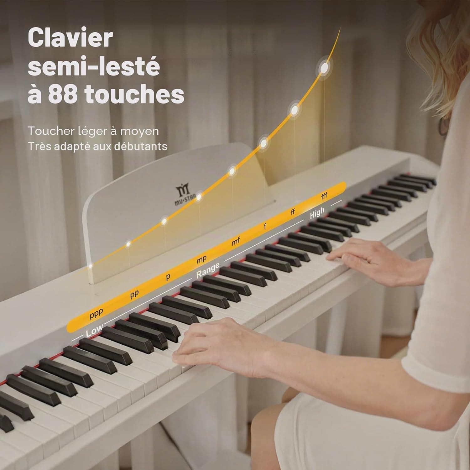 MUSTAR Piano numérique 88 touches pour débutants, clavier piano taille complète avec 3 unités de pédale, piano électrique portable, piano numérique pour la maison avec MIDI-USB et support, blanc