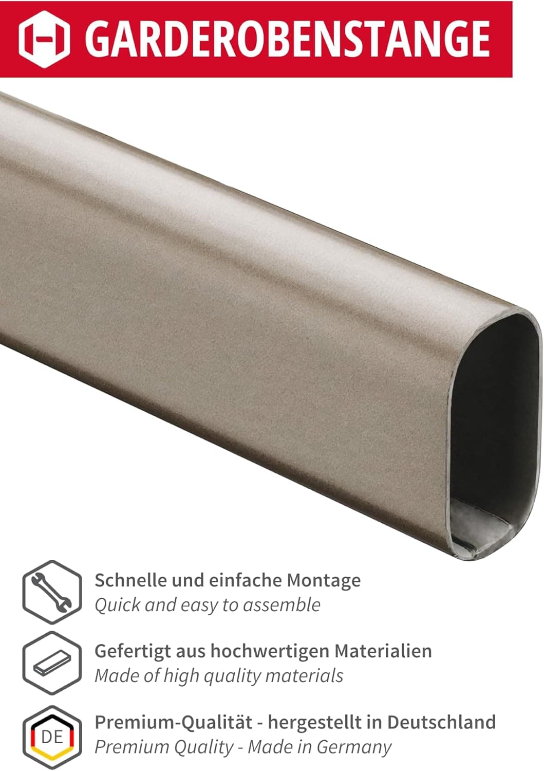 Gedotec Barre de Penderie en Métal 500 mm | Support Ovale Mural | Gris-Titane | 1 Pièce - Avec Fixations