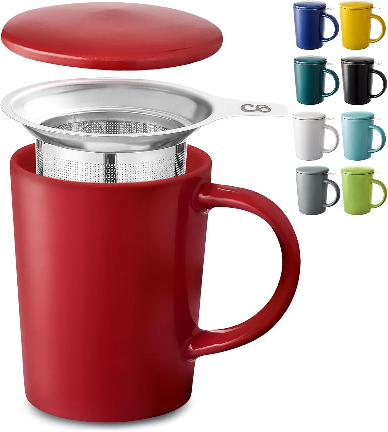 Cosumy Tasse à Thé avec Infuseur et Couvercle 400ml Grand - Céramique - Reste Chaud Longtemps (Rouge Rubis)