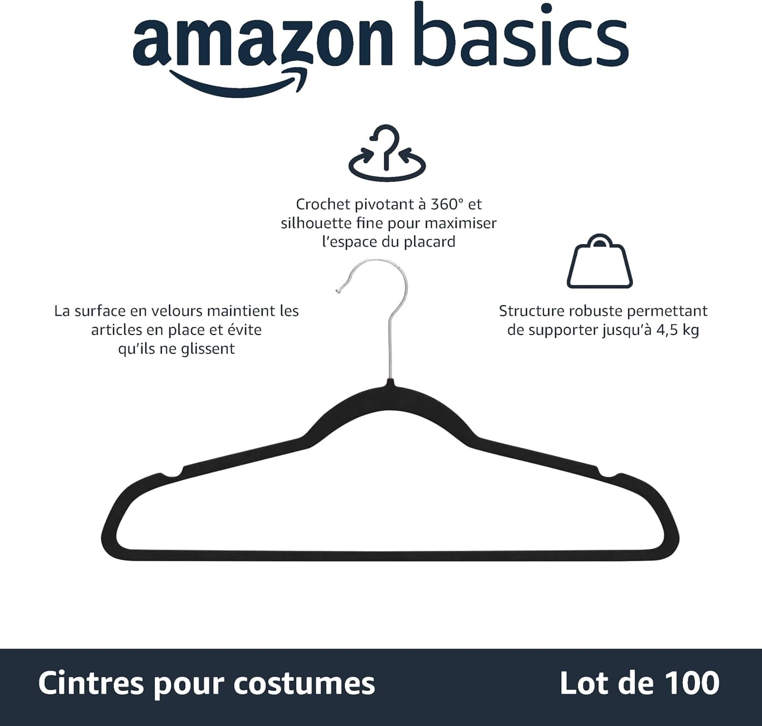 Amazon Basics Lot de 100 cintres en Velours pour Costumes Noir