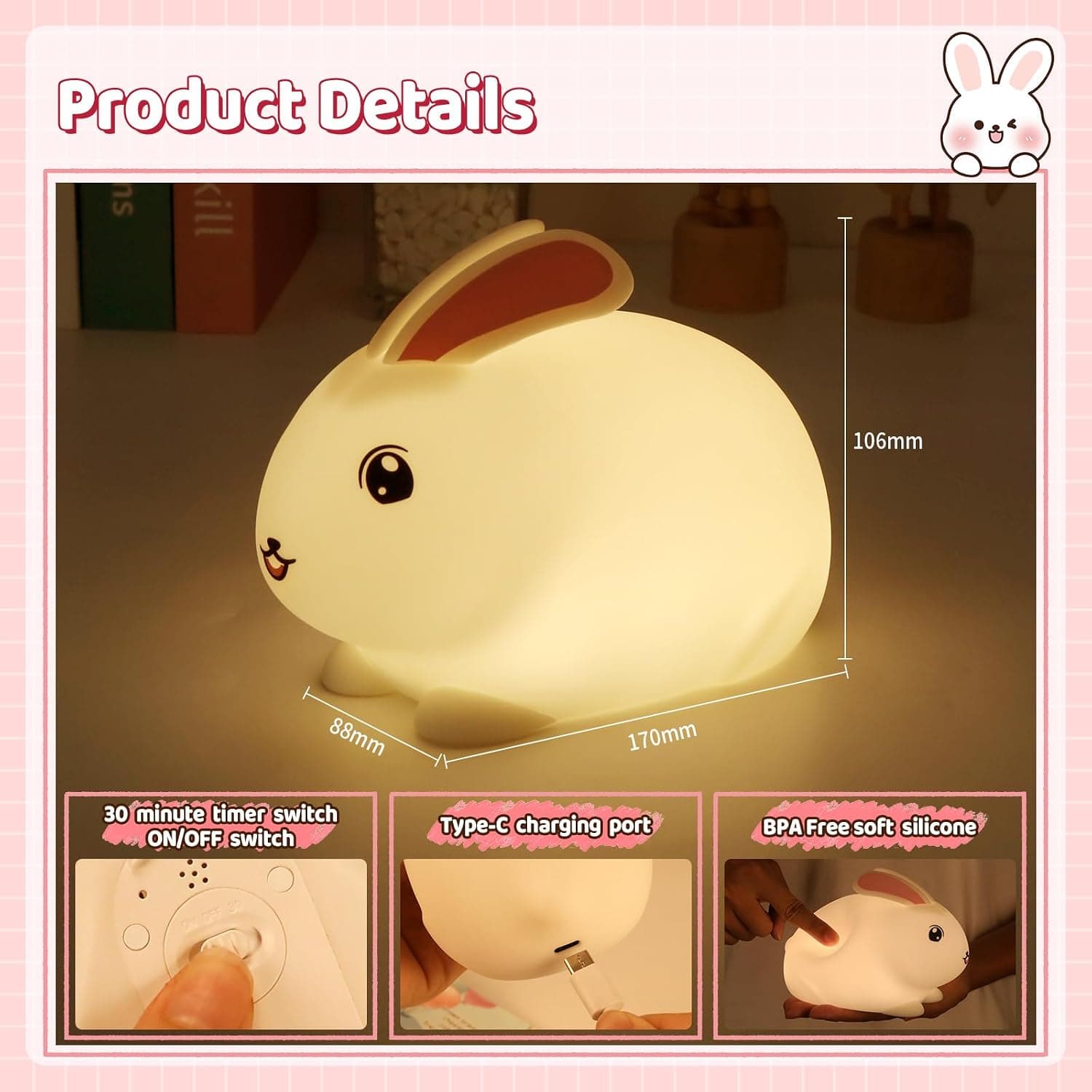 Veilleuse Lapin pour Enfants, 7 Couleurs Veilleuse Bébé