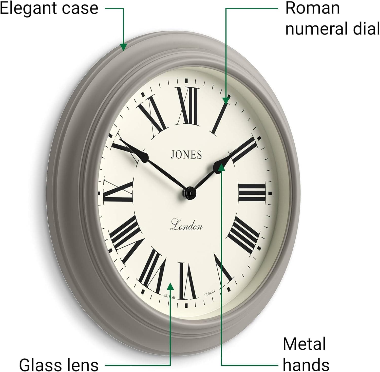 JONES CLOCKS® Supper Club Horloge Murale | Grande Horloge Ronde Classique | 40 cm | Gris Moyen | Chiffres Romains | Un Design Traditionnel idéal pour la Cuisine ou Le Salon