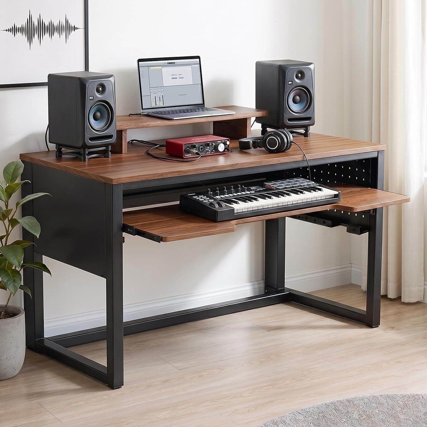 Bureau Studio Musique avec Plateau Coulissant pour Clavier, 61/88 Touches MIDI et Piano numérique, Bureau avec Rangement(61 Touches(120 * 60cm))