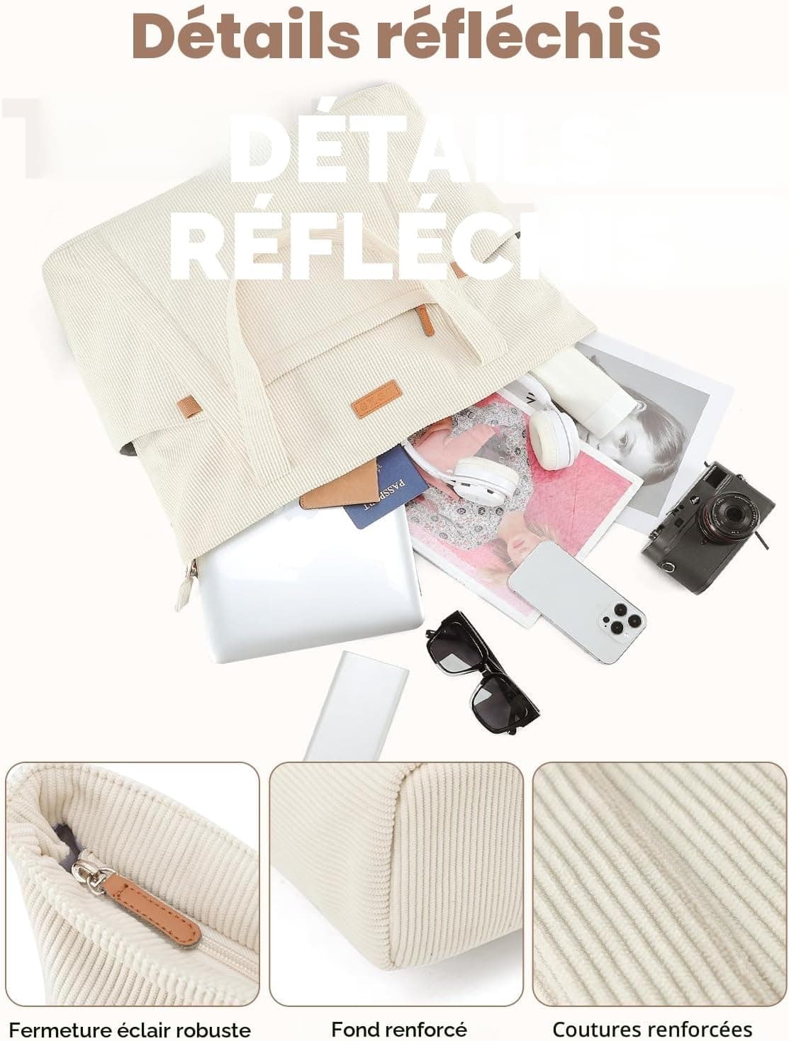 Lekesping Sac Fourre-Tout Femme Grand en Velours Côtelé, Bandouliere Cabas avec Fermeture Éclair et Poches, Léger Sac a Main Ordinateur 17 Pouces pour Voyage Shopping Université et Usage Quotidien