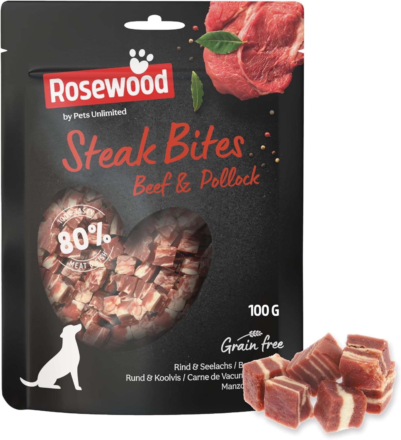 Rosewood Steak Bites Bœuf & Colin – Friandise Tendre pour Chien, Riche en Viande et Poisson, pour l’entraînement, sans céréales, sans additifs artificiels, 100 g