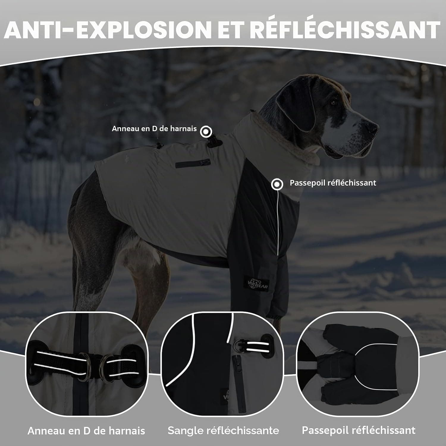 Chaqueta de invierno pour chiens avec doublure en cachemire, imperméable avec veste de pluie, poches zippées pour chiens, bandes réfléchissantes, cordon réglable, D-Ring pour laisse de chien
