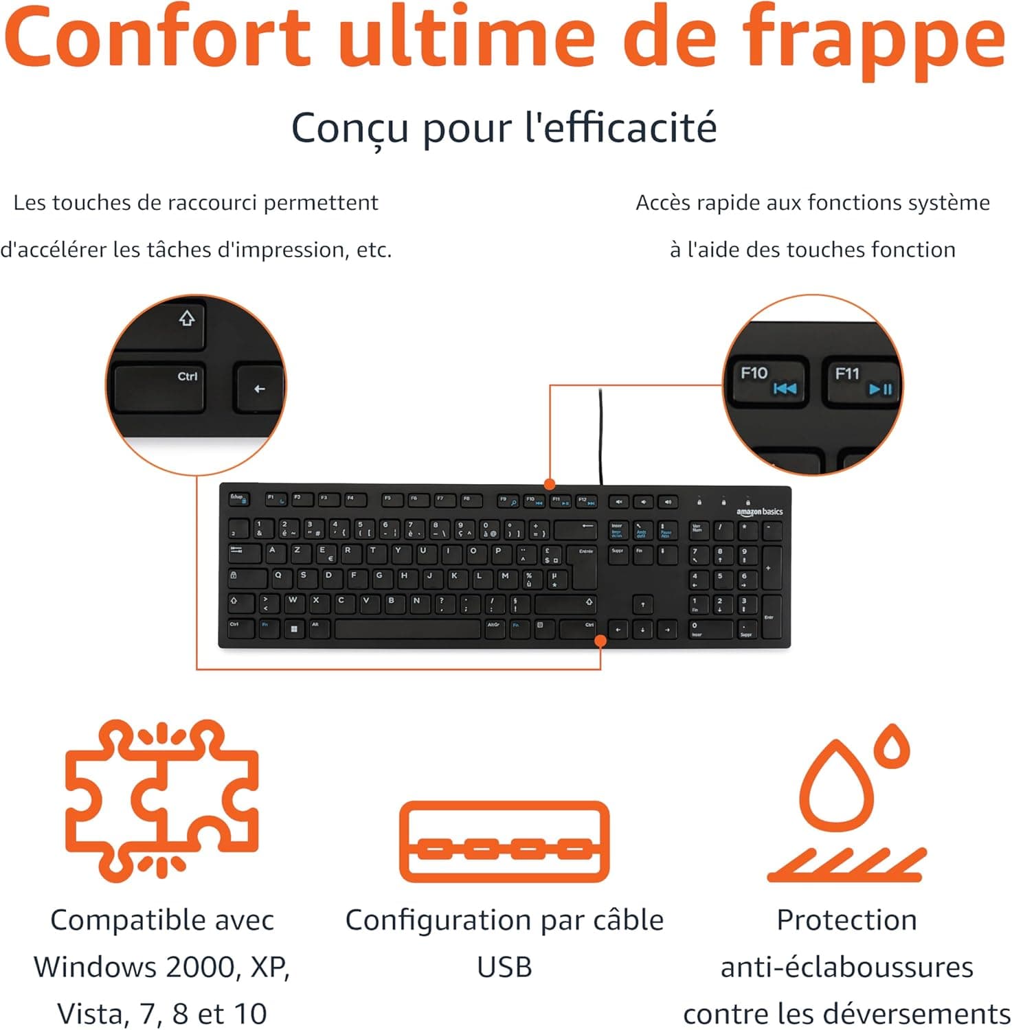 Amazon Basics Clavier USB Filaire Discret avec Disposition française, Noir Mat