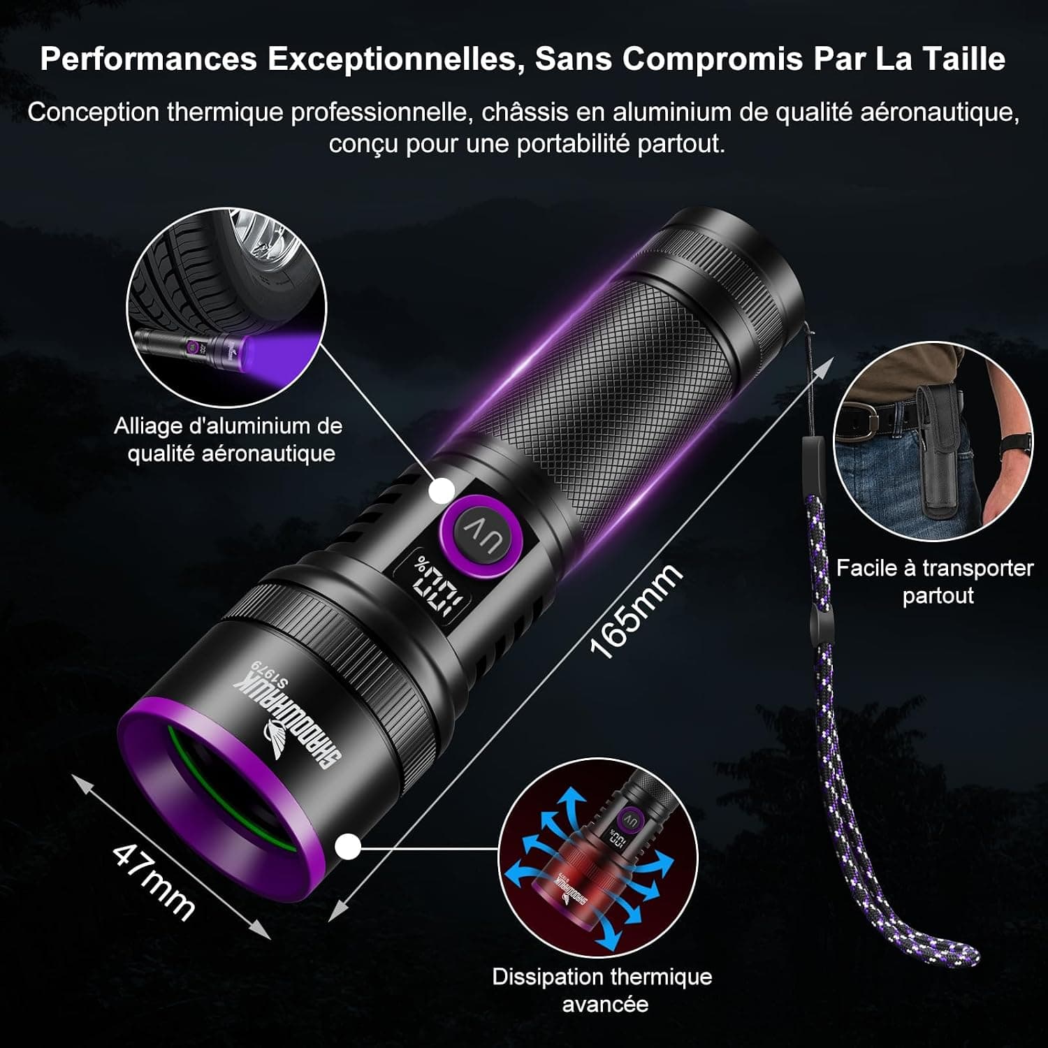 Shadowhawk 365nm Lampe Torche UV, 30W Lumiere Noire Avec Lentille Filtrante