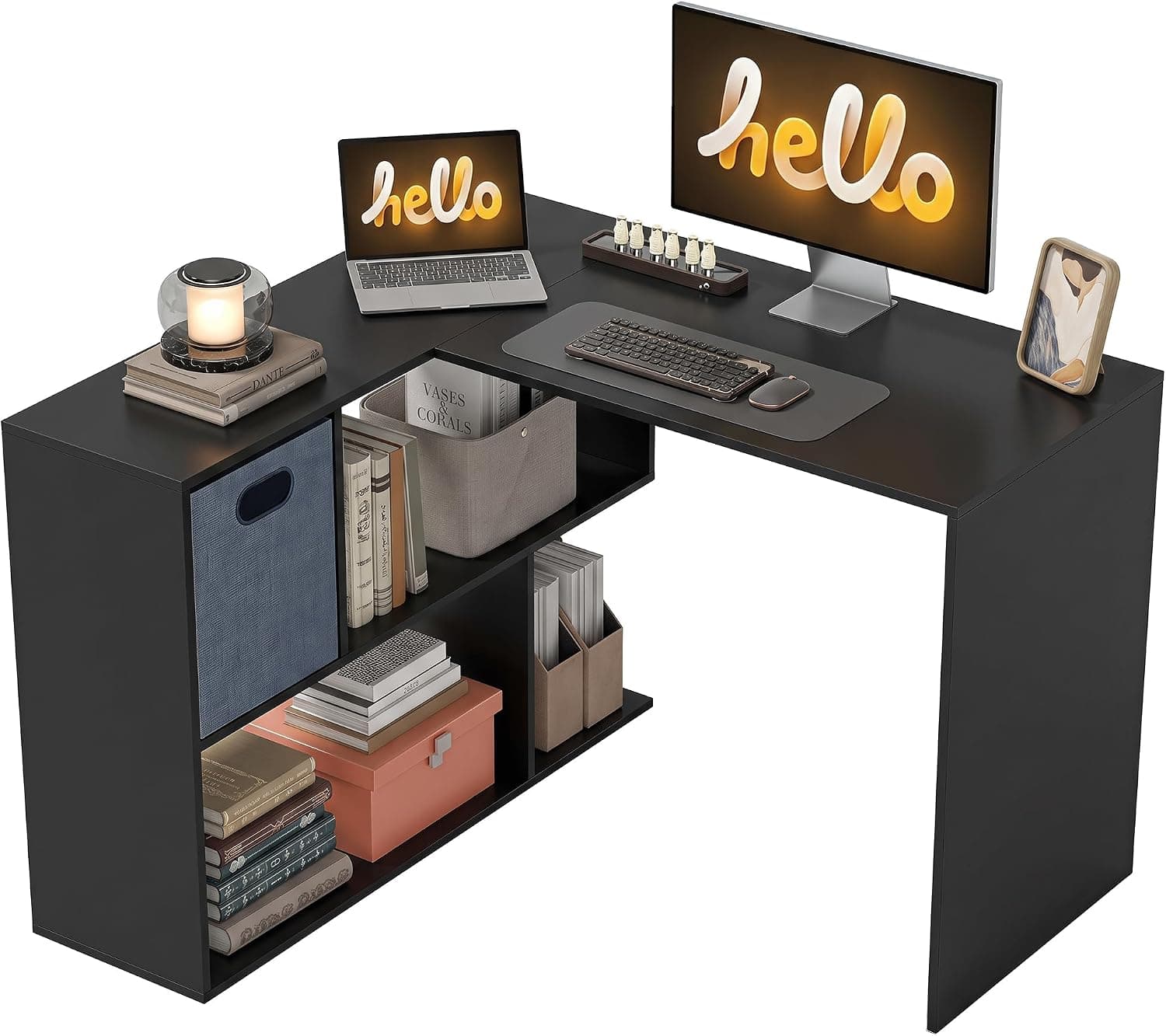 HOMCOM Bureau d'angle Forme L avec Tiroir en Tissu 110 x 100 x 75 cm Noir