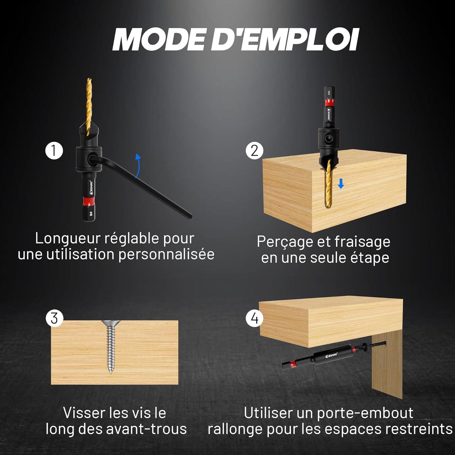 EZARC Lot de 12 forets coniques réglables pour le travail du bois avec boîte de rangement