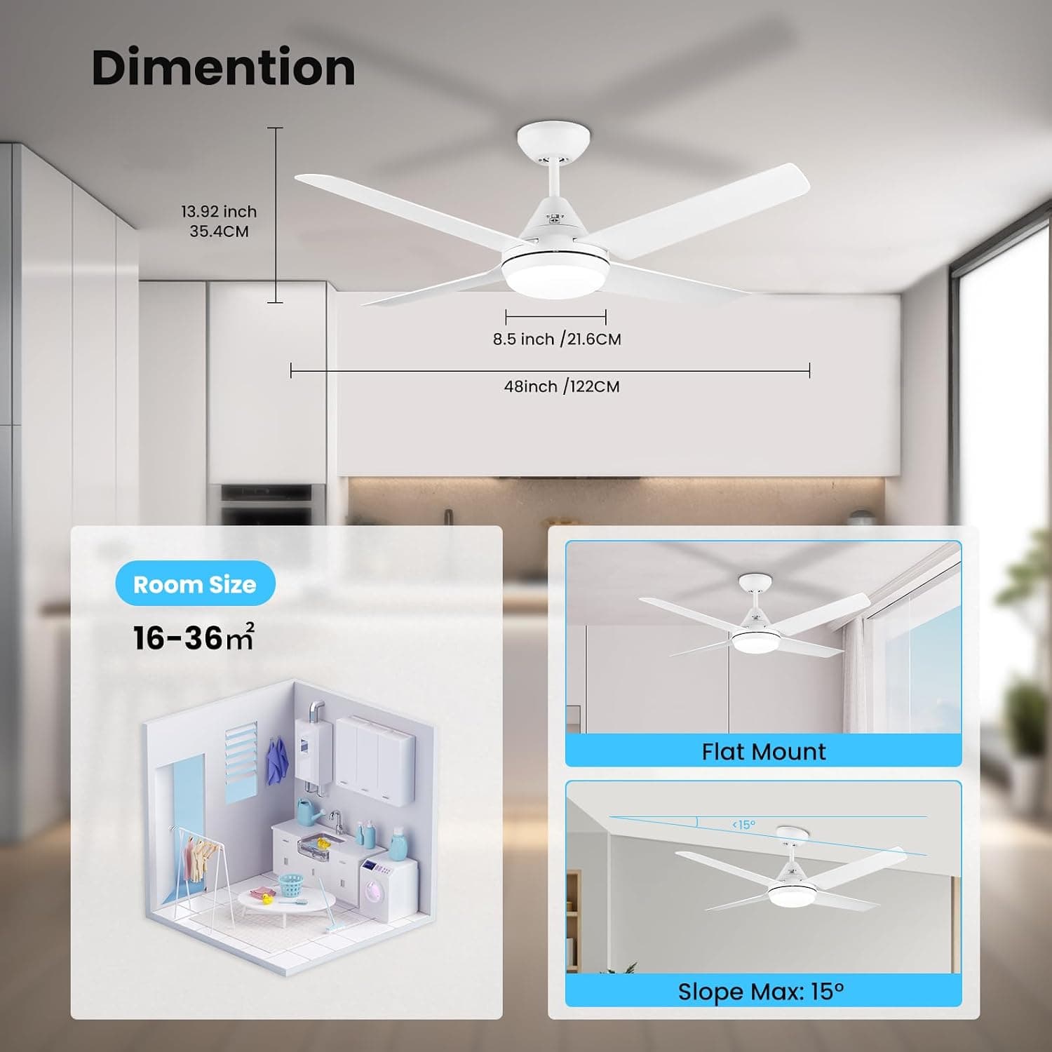Newday 122CM Ventilateur de Plafond 4 Pale Blanc avec Lumiere Silencieux